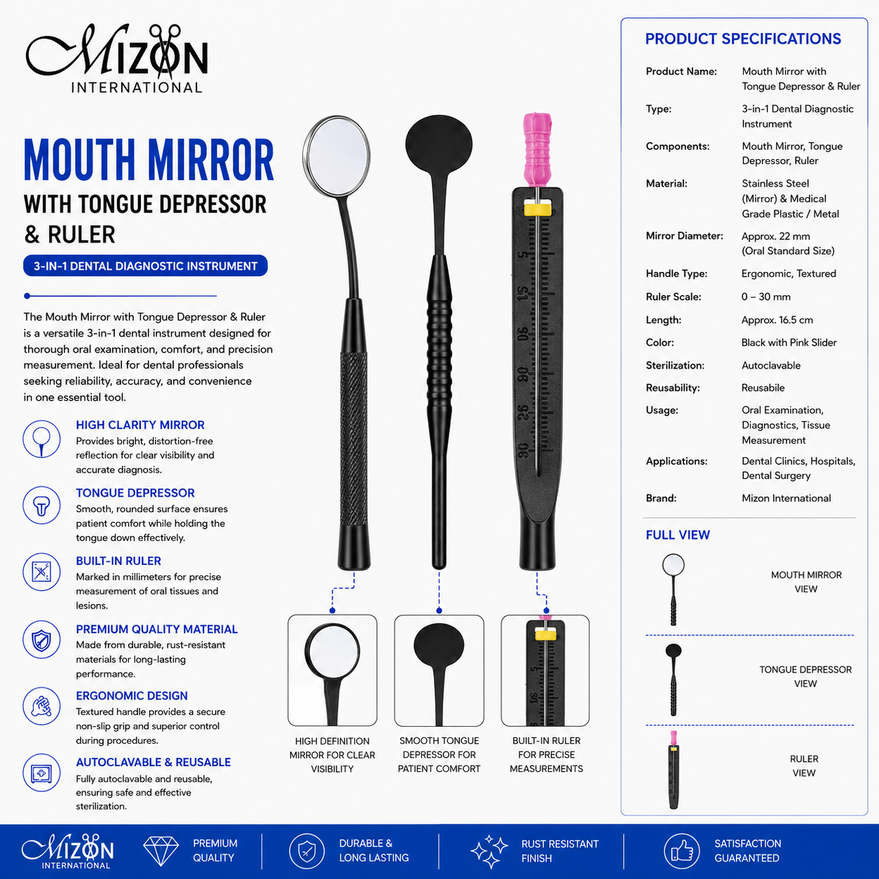 Mizon International 3-in-1 Mouth Mirror with Tongue Depressor and Built-in Ruler Professional Dental Diagnostic Instrument