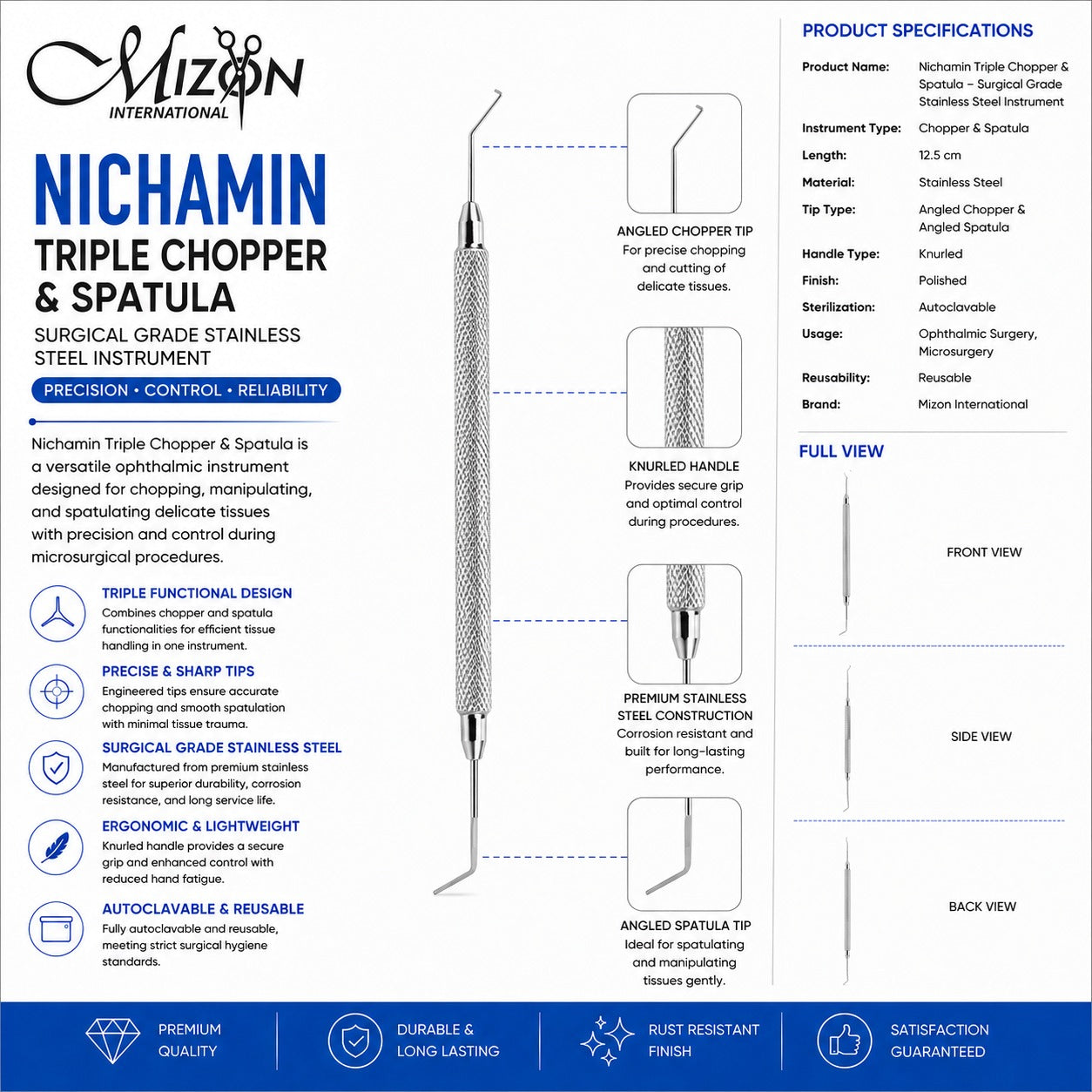 Nichamin Triple Chopper & Spatula 12.5 cm Stainless Steel | Ophthalmic Microsurgery Instrument | Mizon International