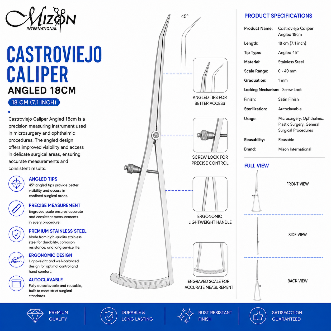 Castroviejo Caliper Angled 18 cm 45 Degree Stainless Steel Ophthalmic Measuring Instrument by Mizon International