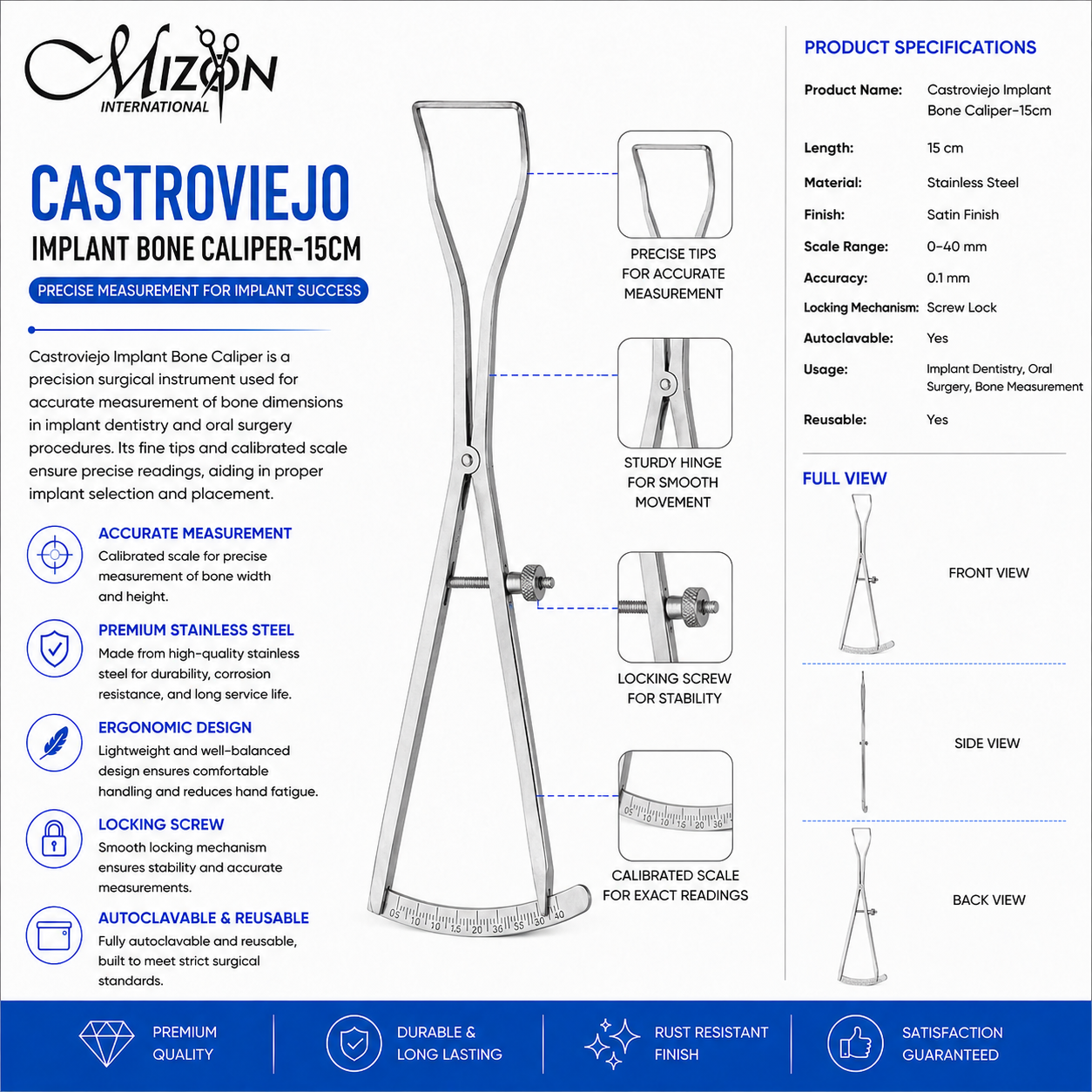 Castroviejo Implant Bone Caliper 15cm Stainless Steel Dental Bone Measuring Instrument with Locking Screw by Mizon International