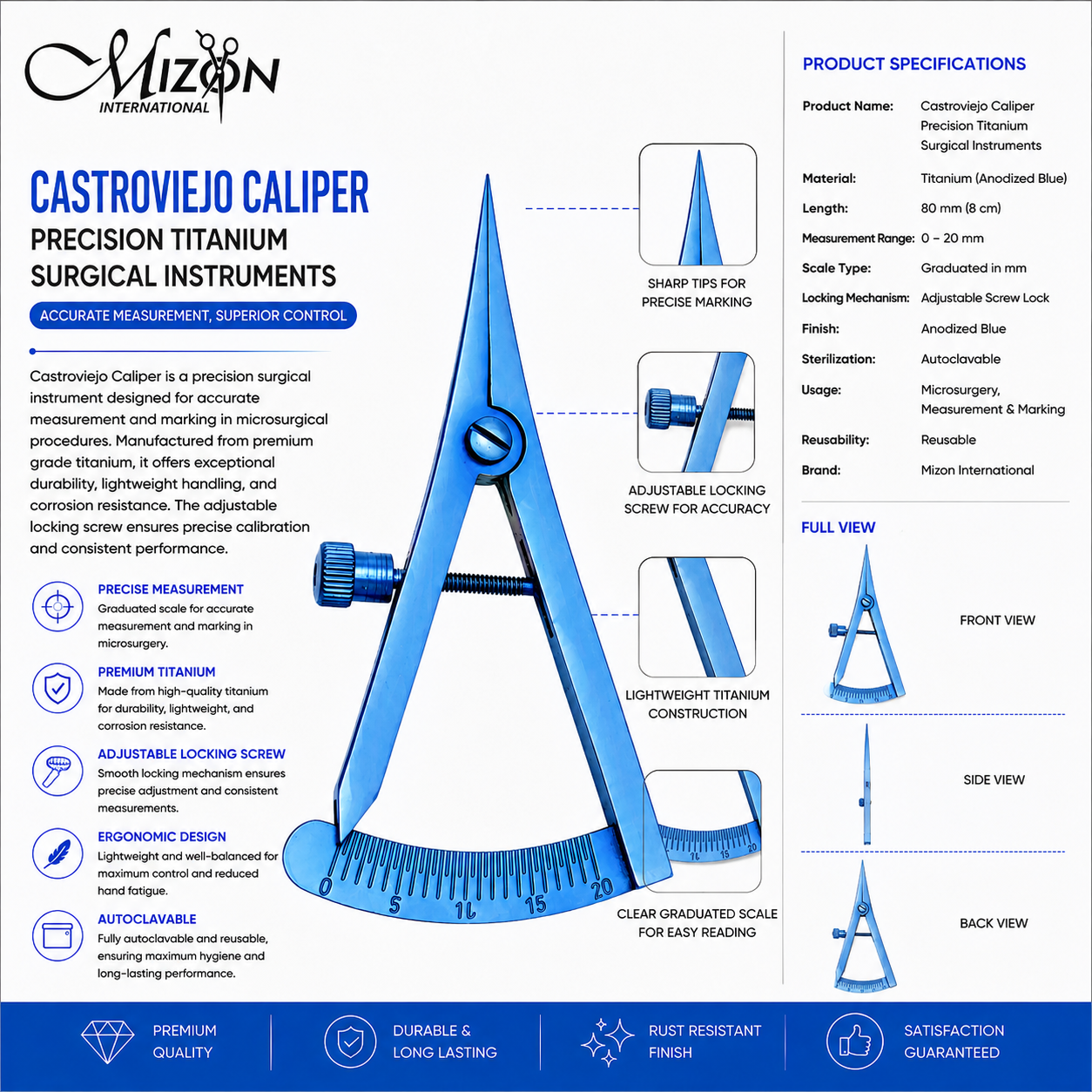Castroviejo Titanium Caliper Blue Anodized 80mm Precision Surgical Measuring Instrument by Mizon International