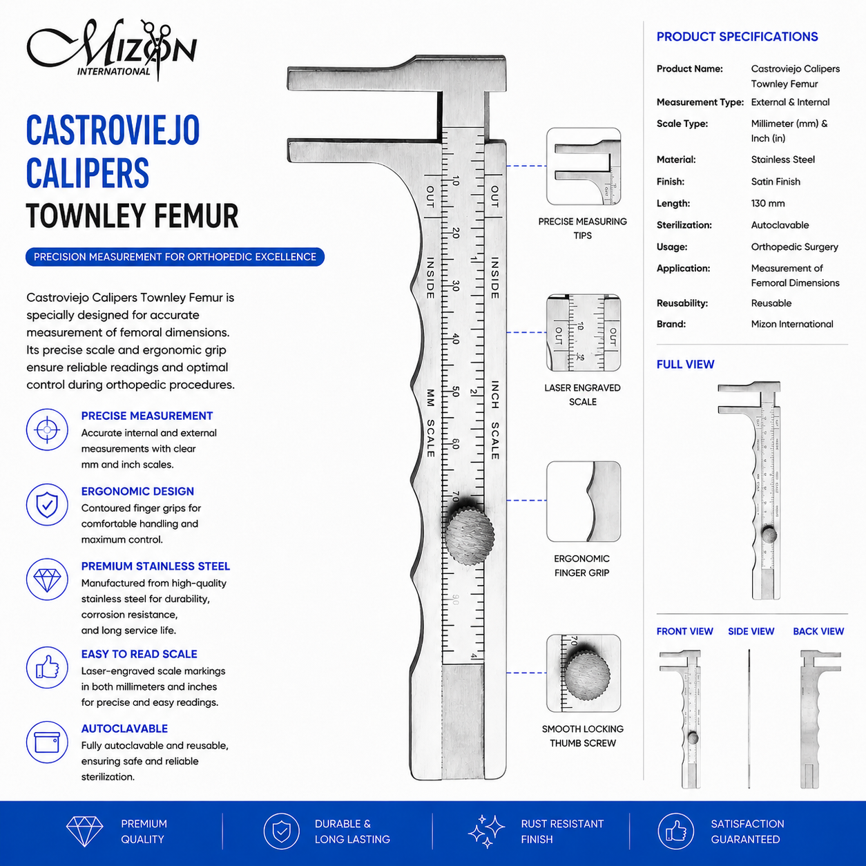 Castroviejo Townley Femur Calipers 130mm Stainless Steel Orthopedic Measuring Instrument with Laser Engraved Scale by Mizon International