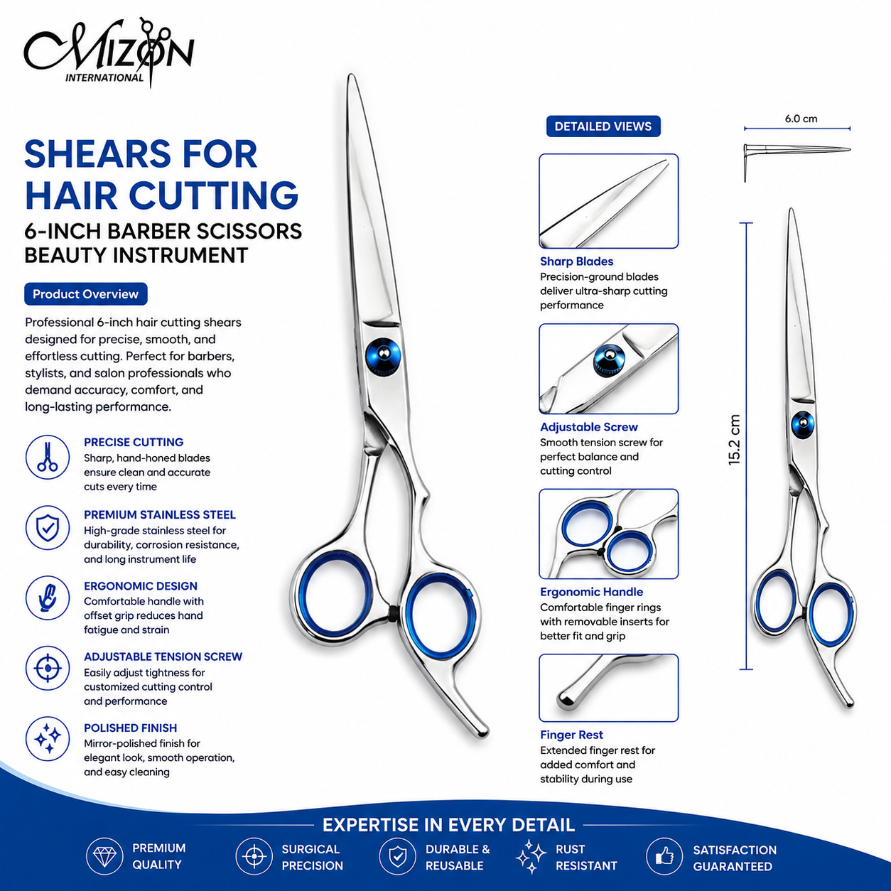 Professional 6.0" Hair Cutting Scissors – Premium Stainless Steel Barber Salon Shears with Blue Finger Rings