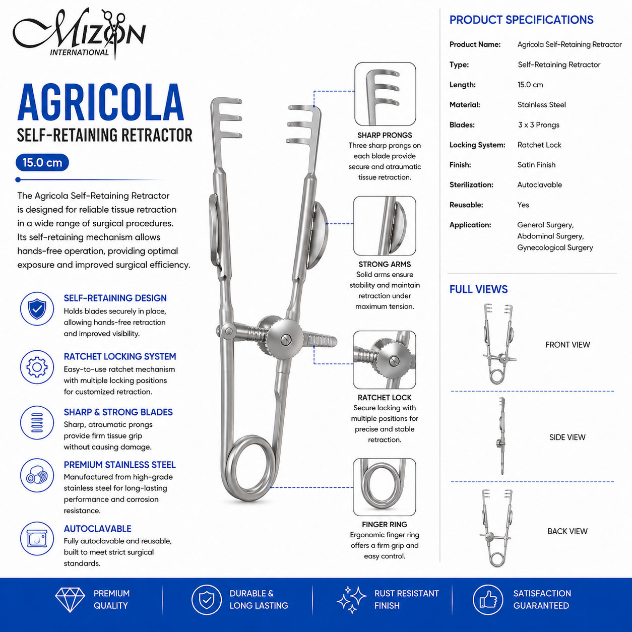 Agricola Self-Retaining Retractor 15.0 cm | Stainless Steel Surgical Retractor
