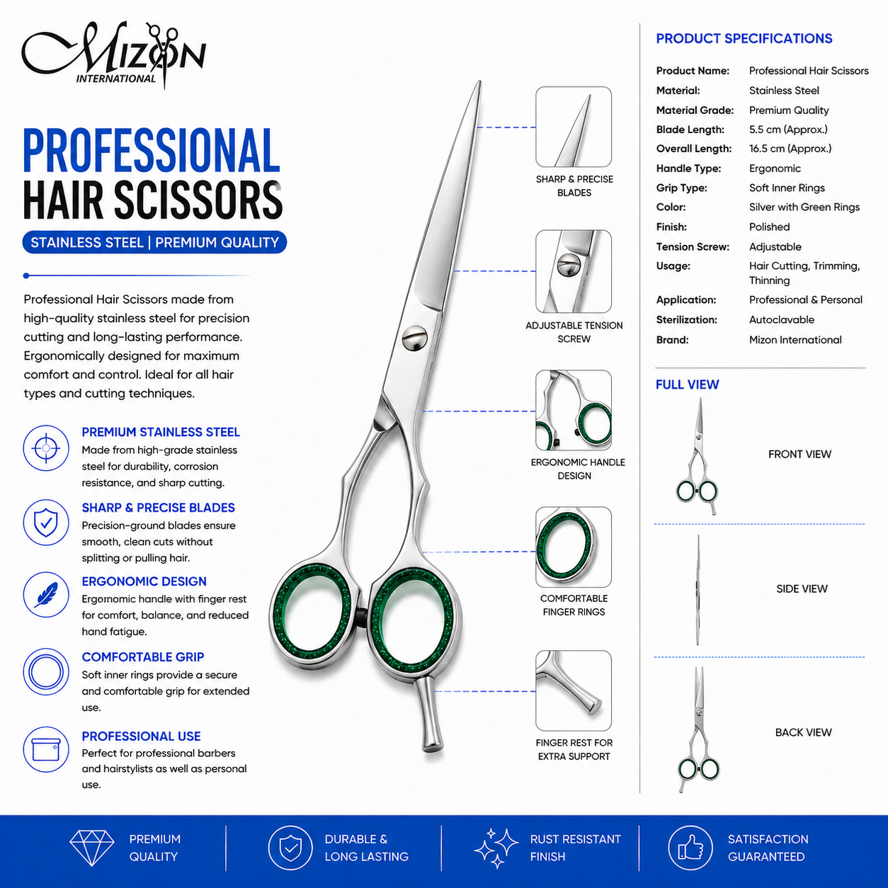 Professional Hair Scissors – Premium Stainless Steel Barber & Salon Hair Cutting Shears | Razor Sharp Blades | Ergonomic Handle