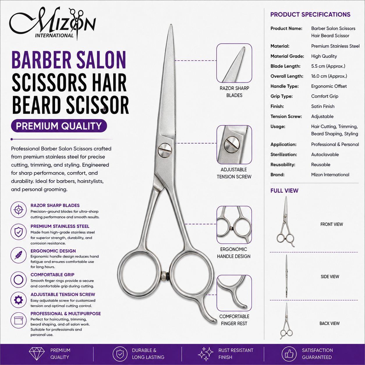 Professional Barber Salon Hair & Beard Scissors – Premium Stainless Steel Hair Cutting Shears | Razor Sharp Professional Barber Scissors