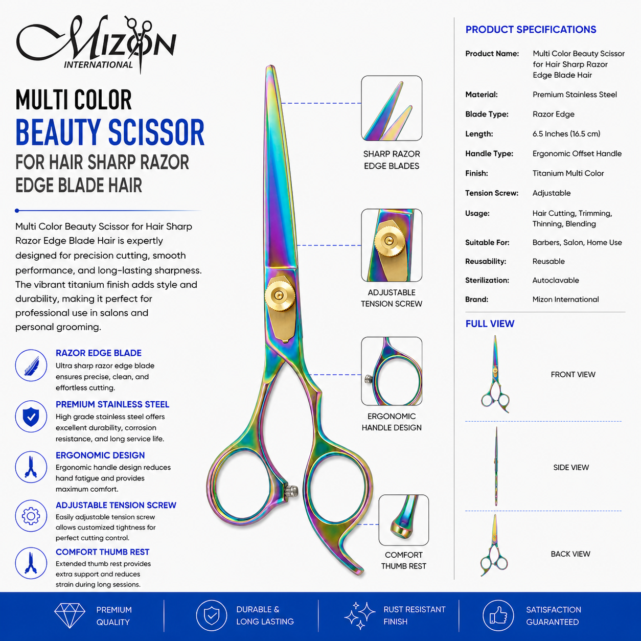 Multi Color Hair Cutting Scissors 6.5 Inch Titanium Rainbow Professional Barber Shears | Premium Stainless Steel Salon Scissors | Mizon International