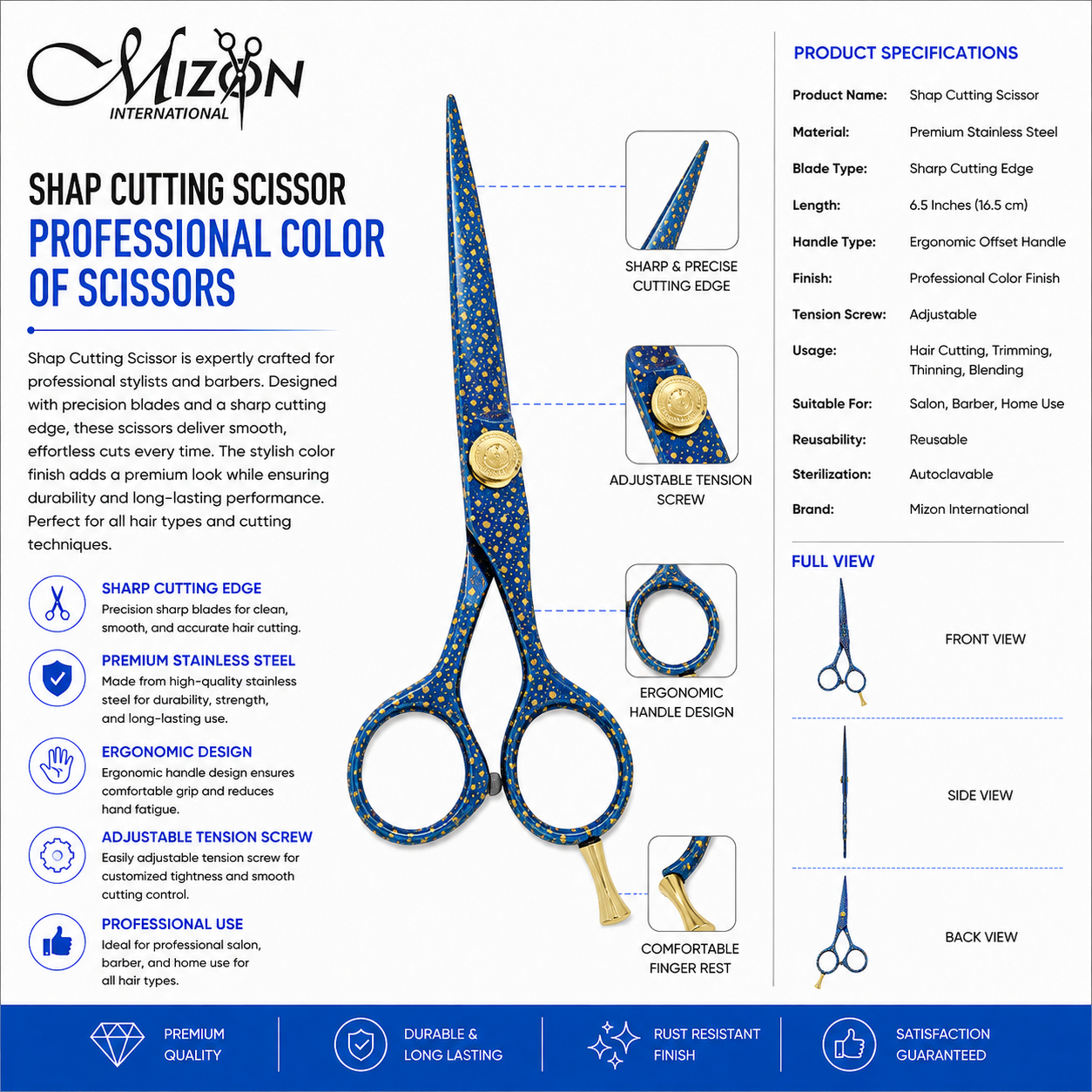 Professional Hair Cutting Scissors 6.5 Inch – Premium Stainless Steel Barber & Salon Shears with Color Finish | Mizon International