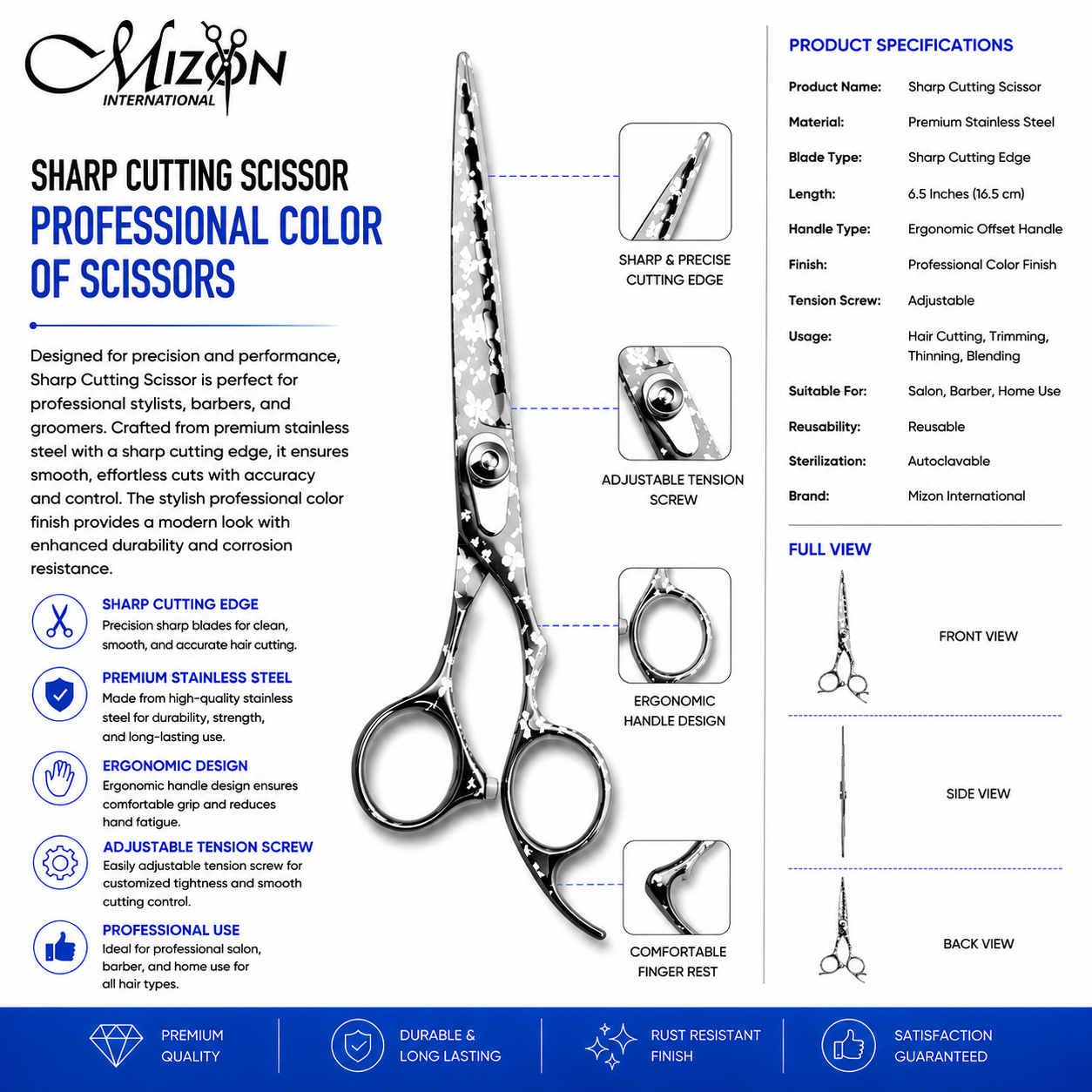 Black Floral Hair Cutting Scissors 6.5 Inch – Professional Stainless Steel Barber & Salon Shears | Ergonomic Hairdressing Scissors | Mizon International