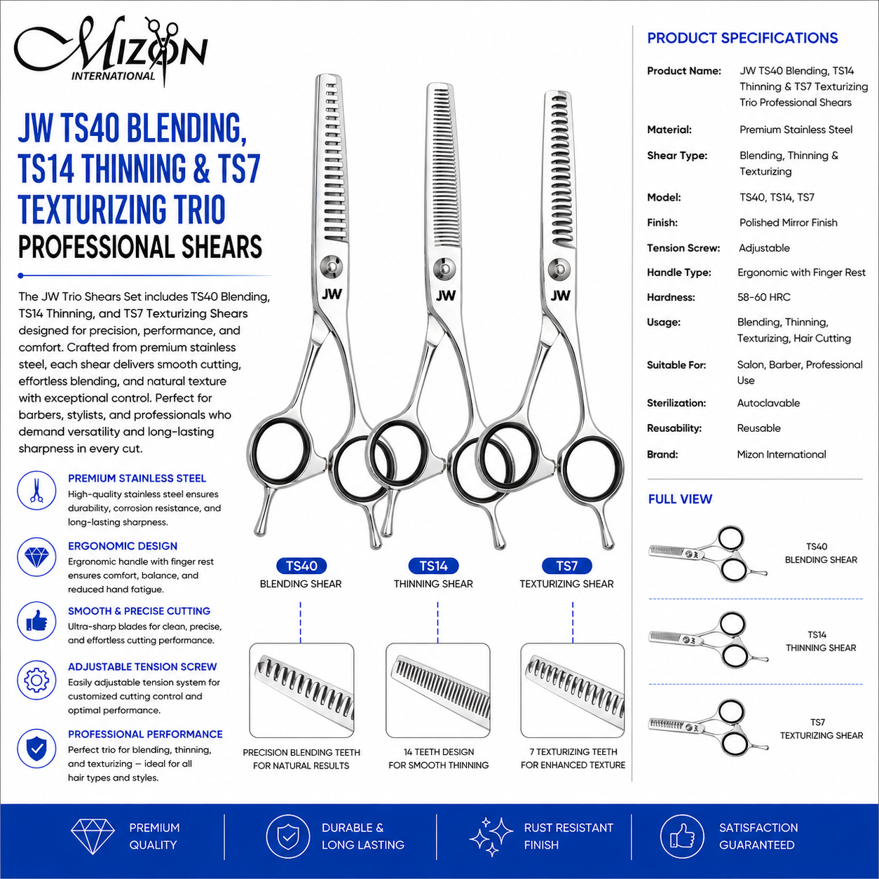JW TS40 Blending, TS14 Thinning & TS7 Texturizing Shears Set – Professional Stainless Steel Hairdressing Scissors | Mizon International