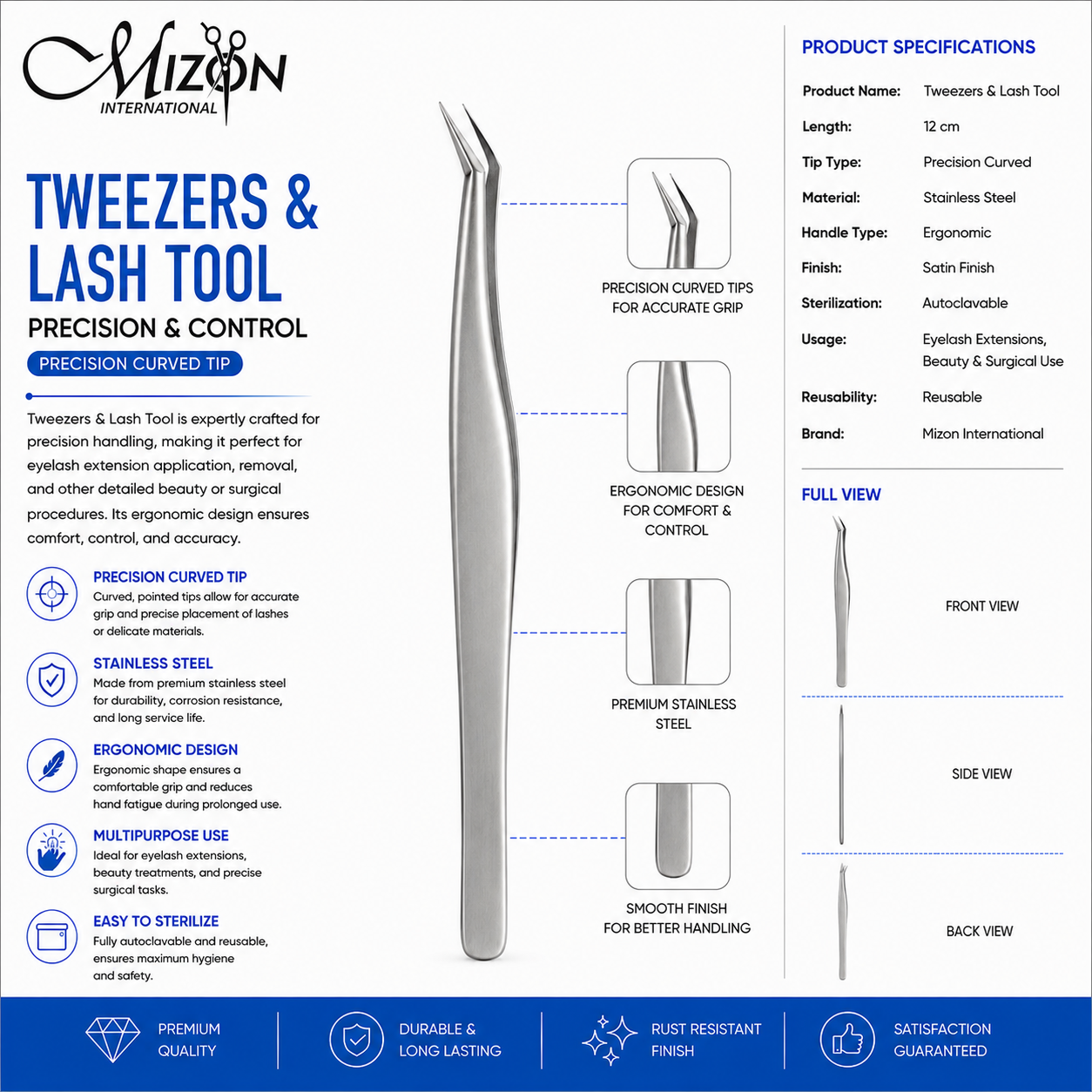 Precision Curved Lash Extension Tweezers 12cm – Professional Stainless Steel Eyelash Tweezers | Beauty & Surgical Tool | Mizon International