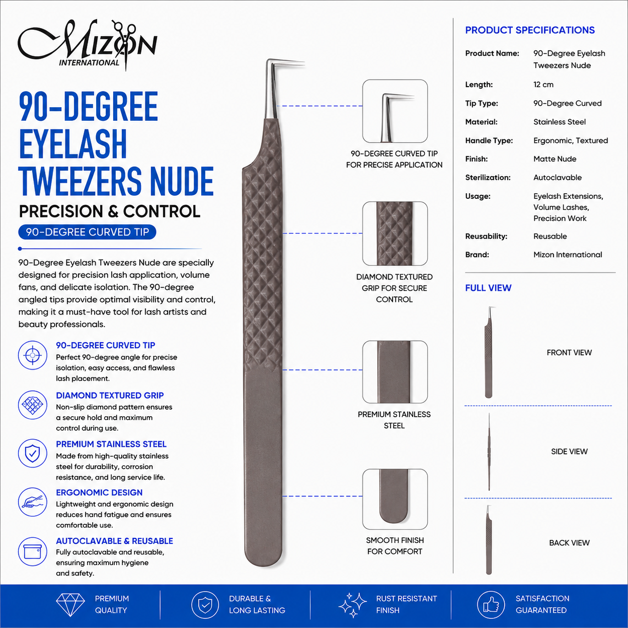 90 Degree Eyelash Extension Tweezers 12cm – Professional L Shape Stainless Steel Lash Tweezers | Precision Volume Lash Tool | Mizon International
