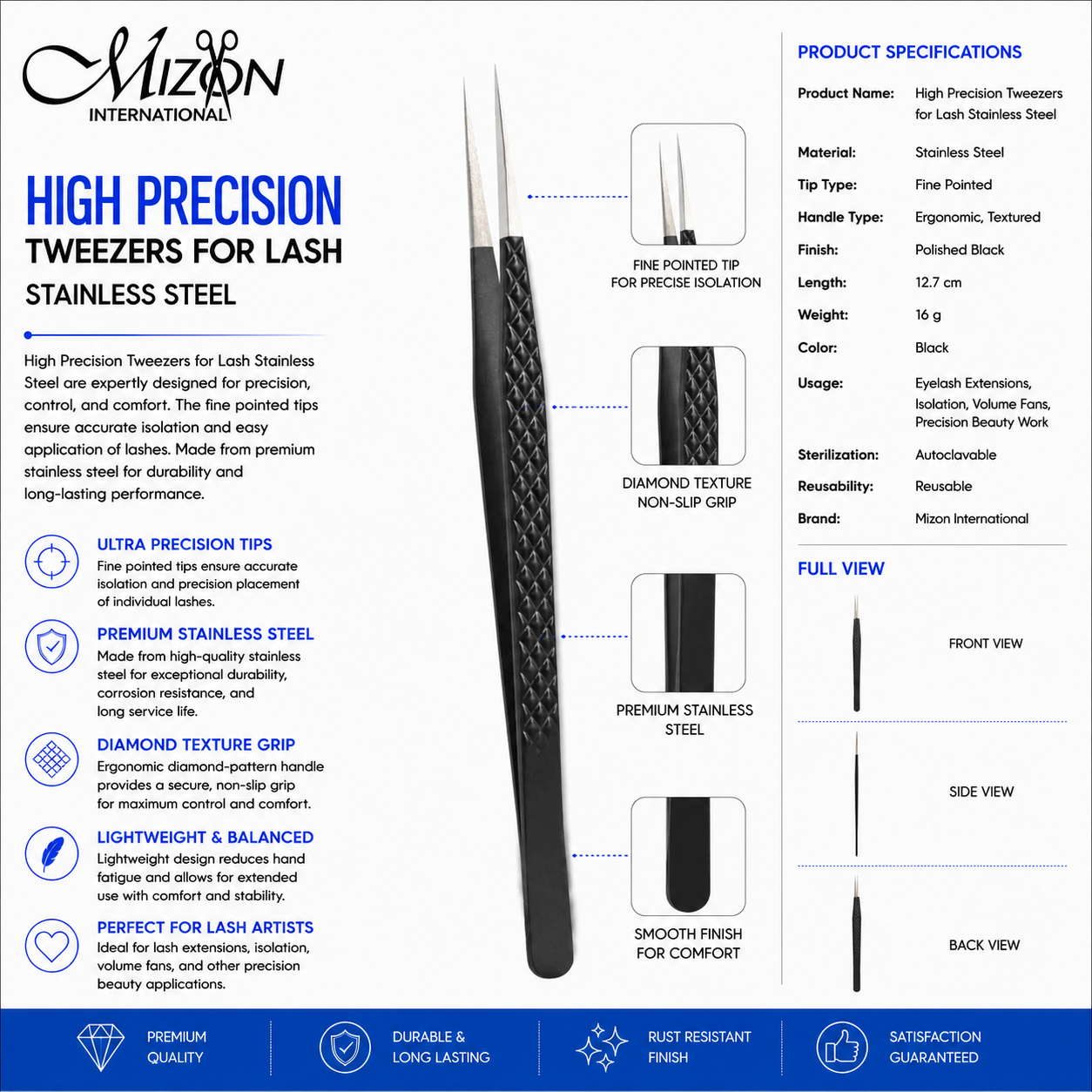 High Precision Straight Lash Tweezers 12.7cm – Professional Stainless Steel Eyelash Extension Tweezers | Fine Tip | Mizon International