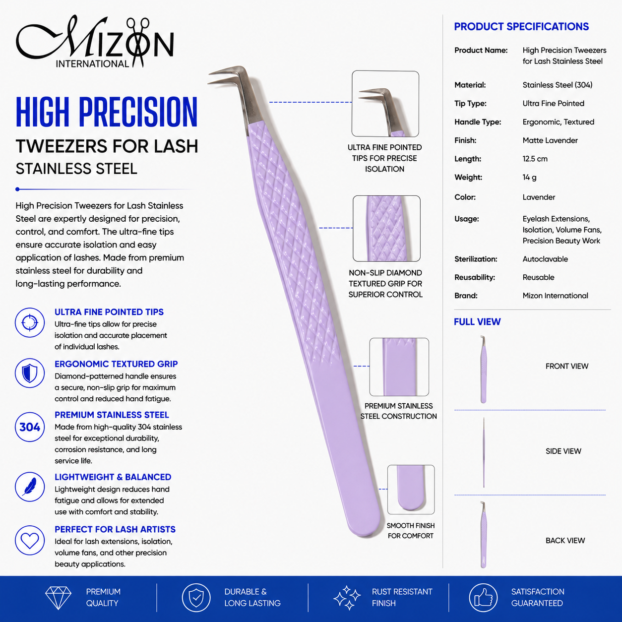 High Precision Lavender Lash Tweezers 12.5cm – Professional 304 Stainless Steel Eyelash Extension Tweezers | Ultra Fine Curved Tip | Mizon International