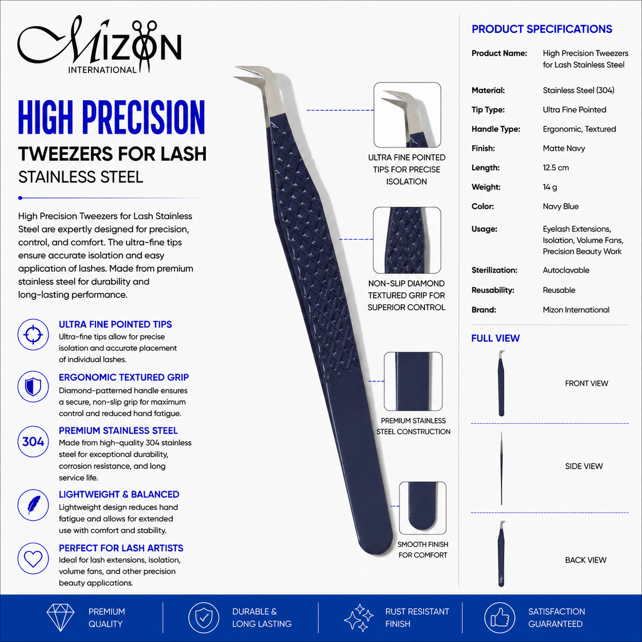 High Precision Navy Blue Lash Tweezers 12.5cm – Professional 304 Stainless Steel Eyelash Extension Tweezers | Ultra Fine Curved Tip | Mizon International