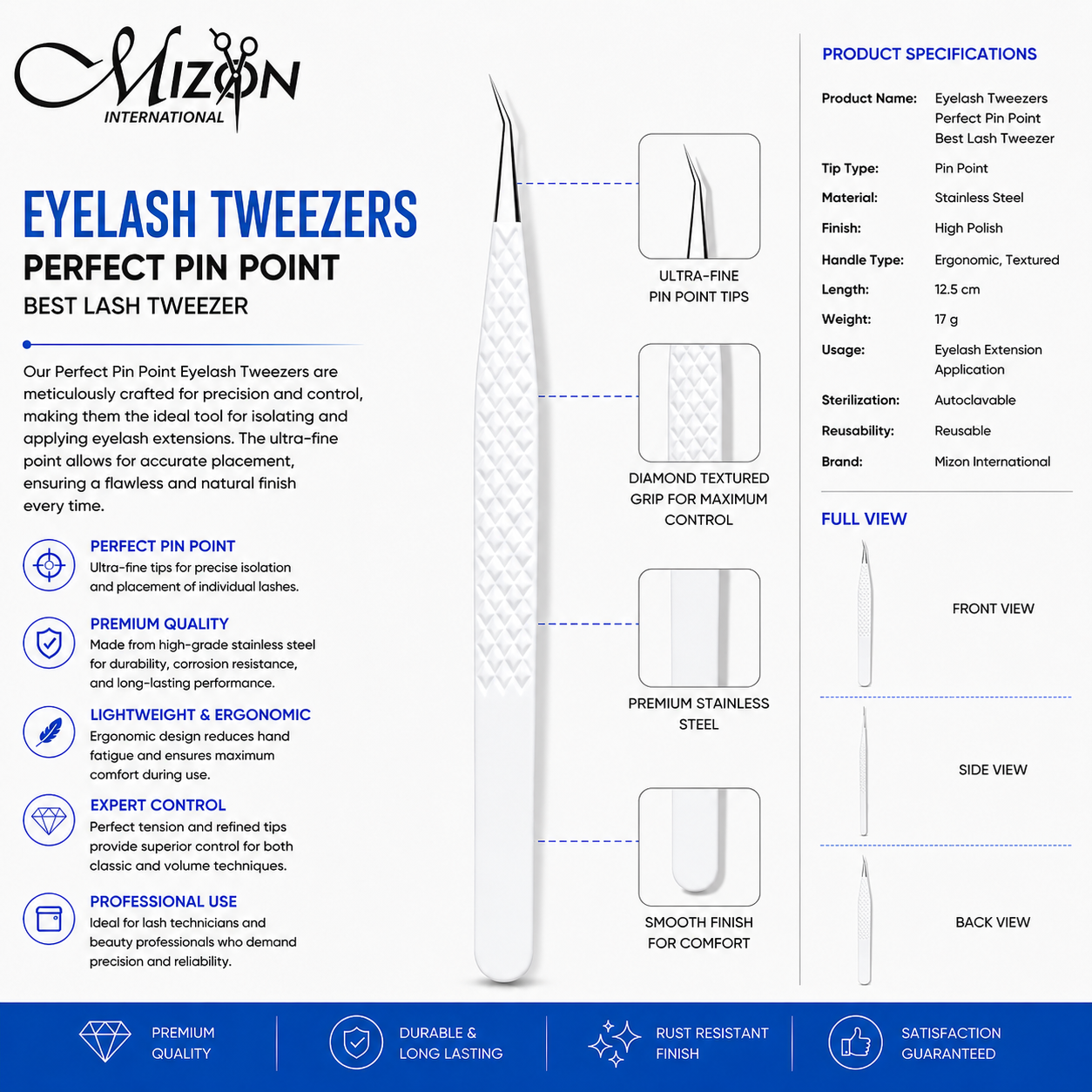 Professional Eyelash Tweezers Perfect Pin Point 12.5cm – Ultra Fine Precision Lash Extension Tweezers | Stainless Steel | Mizon International