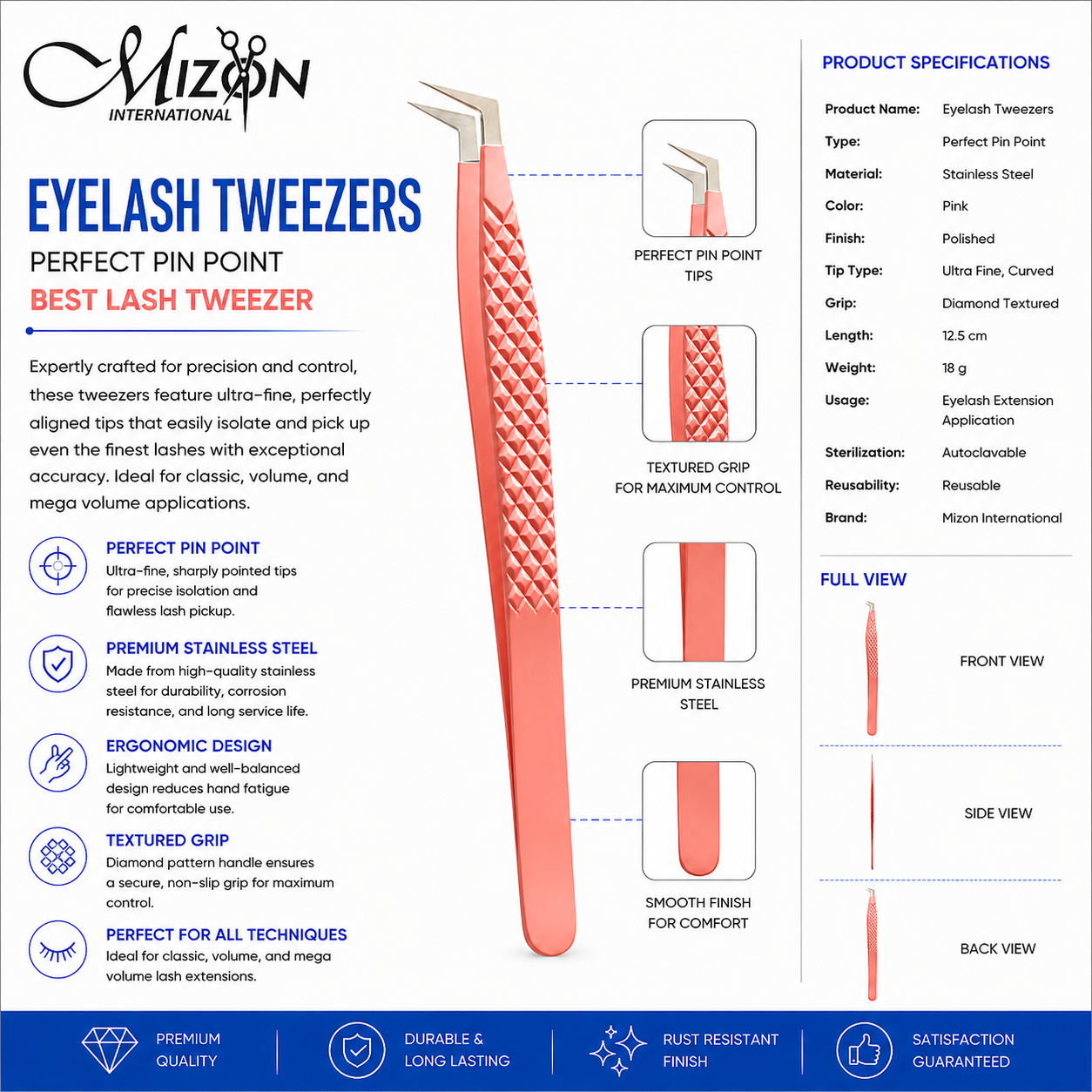Pink Curved Eyelash Tweezers 12.5cm – Professional Perfect Pin Point Lash Extension Tweezers | Stainless Steel | Mizon International
