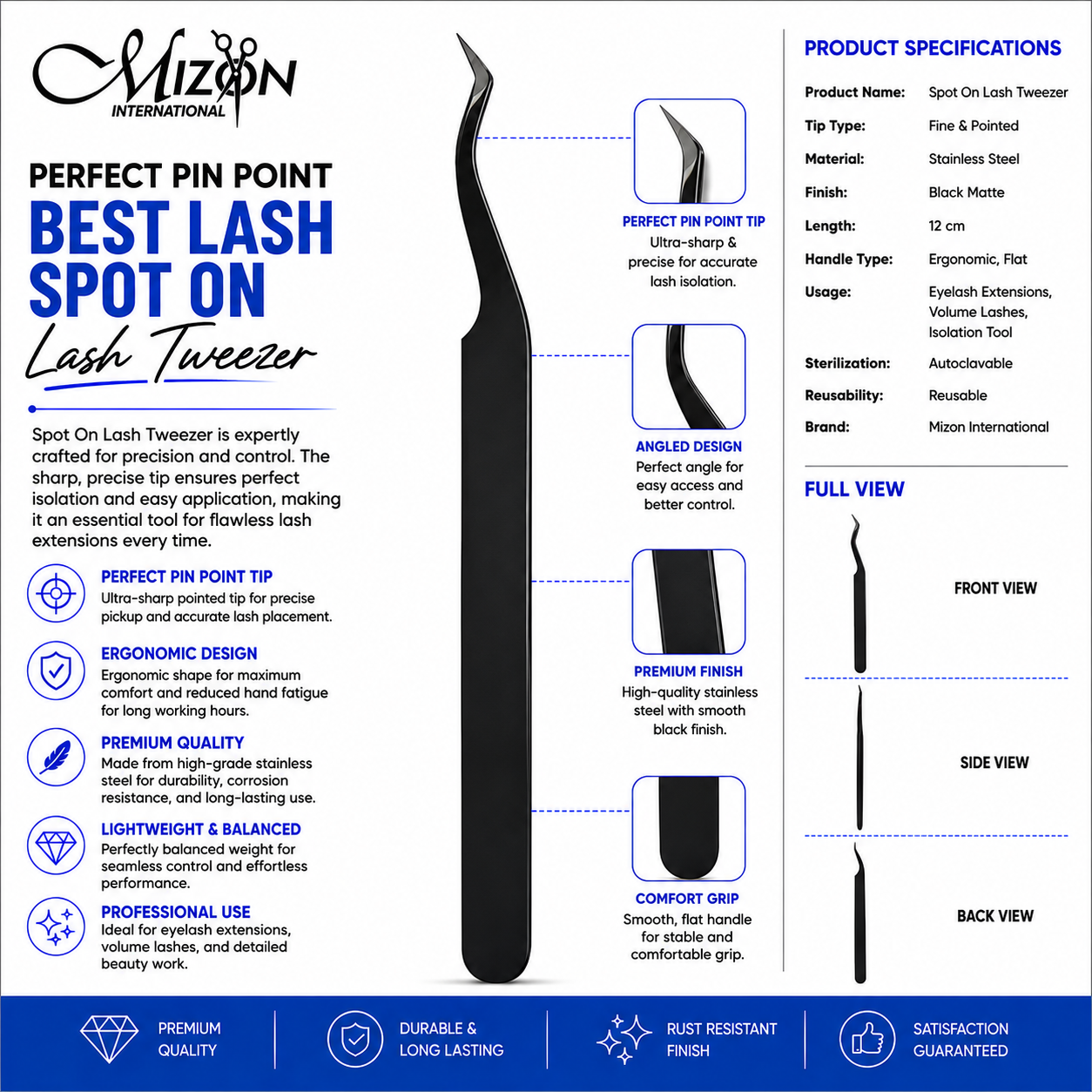 Spot On Lash Tweezers – Black Precision Pin Point Eyelash Extension Tweezers | Stainless Steel | Professional Isolation Tool | Mizon International