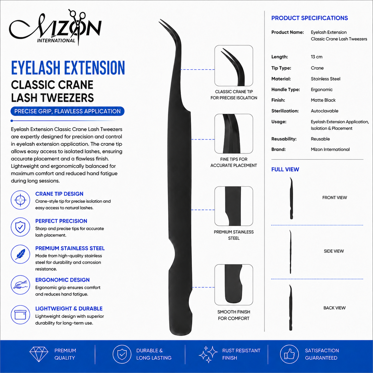 Classic Crane Lash Tweezers – Professional Eyelash Extension Isolation Tweezers | Matte Black Stainless Steel | Mizon International