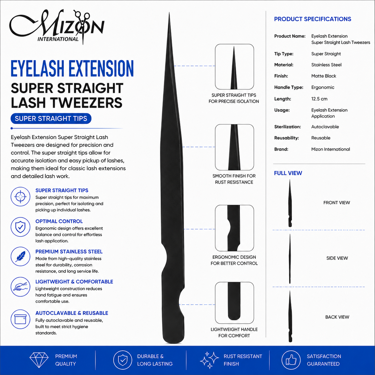 Super Straight Lash Tweezers – Professional Eyelash Extension Isolation Tweezers | Matte Black Stainless Steel | Mizon International