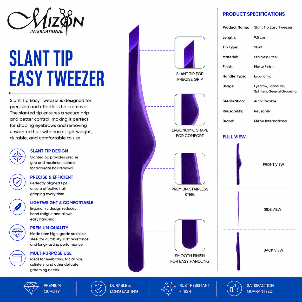 Purple Slant Tip Easy Tweezer – Professional Stainless Steel Slanted Eyebrow & Hair Removal Tweezers | Mizon International