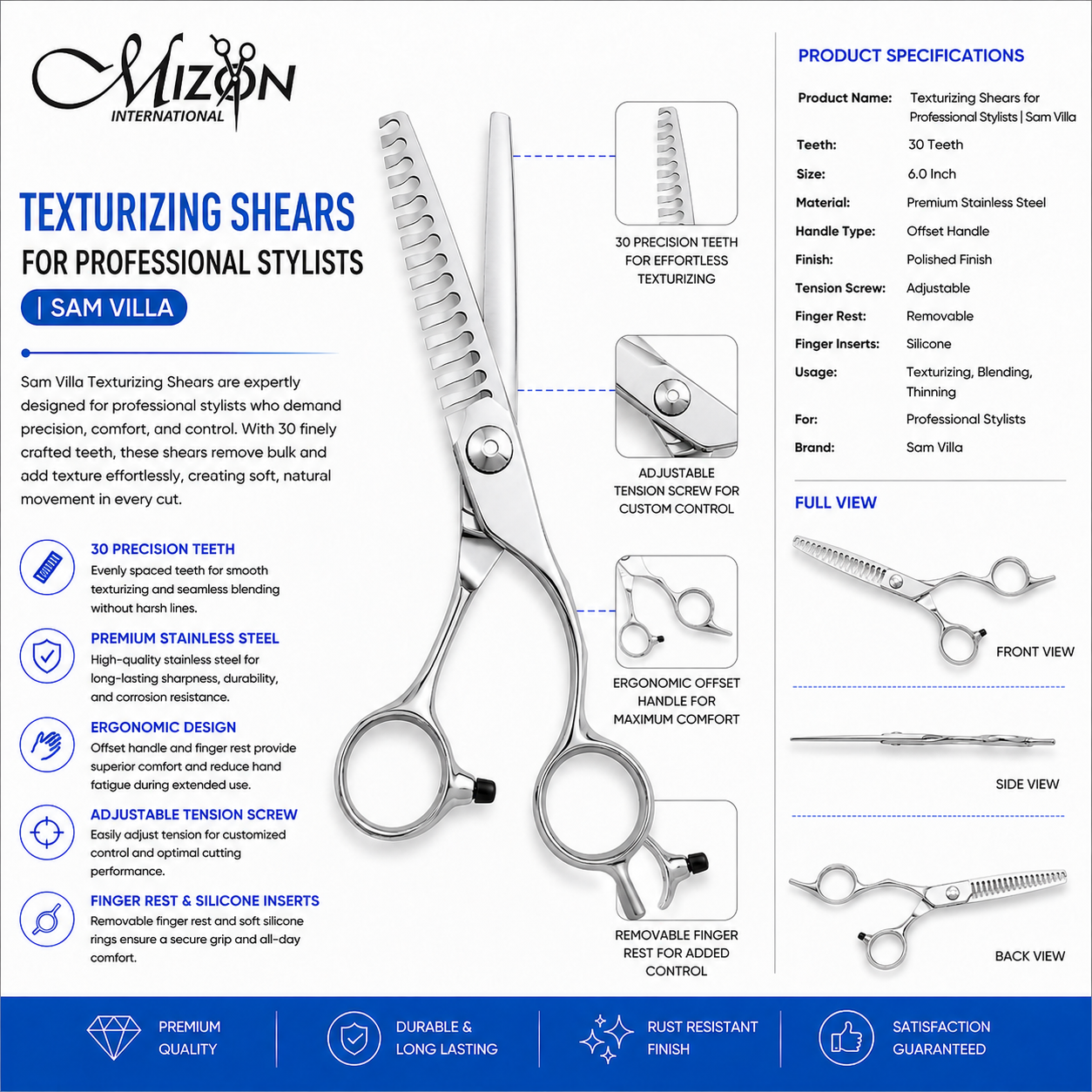 Professional Texturizing Shears 6.0 Inch – 30 Teeth Stainless Steel Hair Thinning Scissors for Stylists | Mizon International