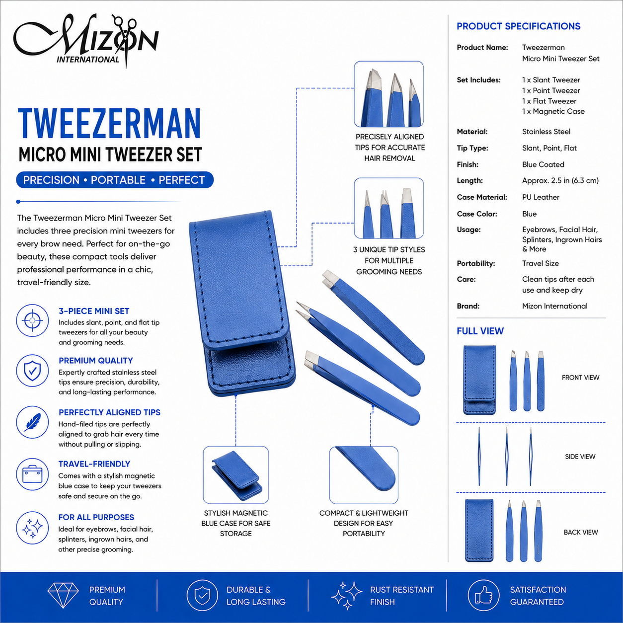 Tweezerman Micro Mini Tweezer Set – 3 Piece Stainless Steel Precision Eyebrow & Facial Hair Tweezers with Magnetic Leather Case | Blue