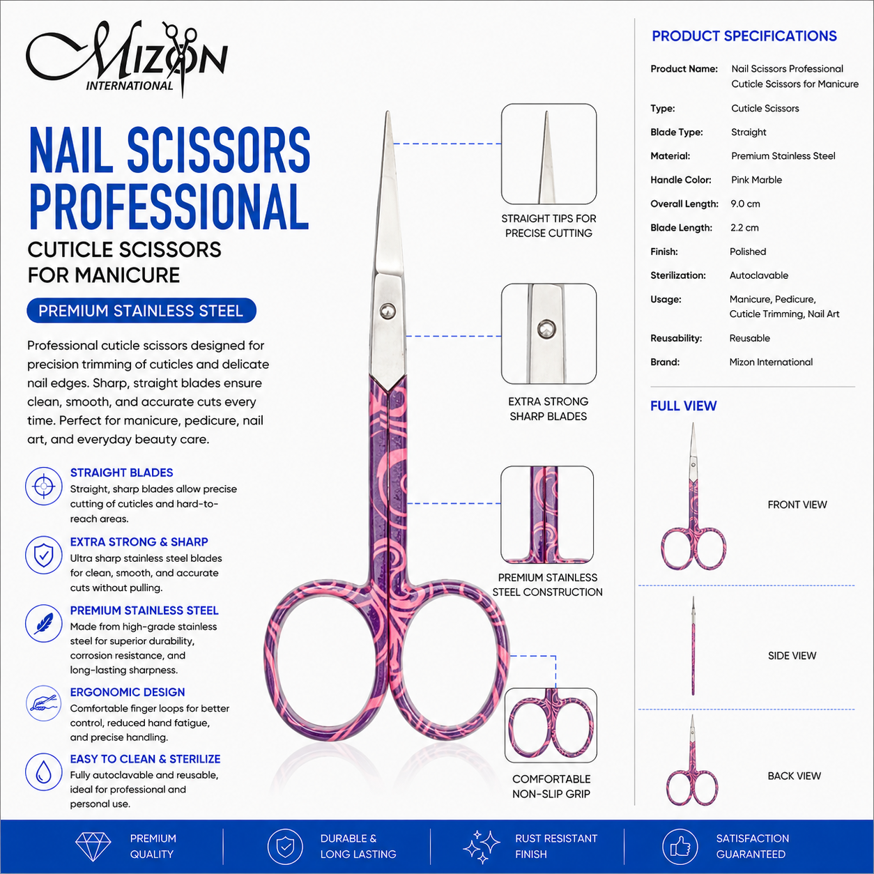 Professional Straight Cuticle Scissors – Stainless Steel Manicure & Pedicure Nail Scissors (Purple Pattern Handle)