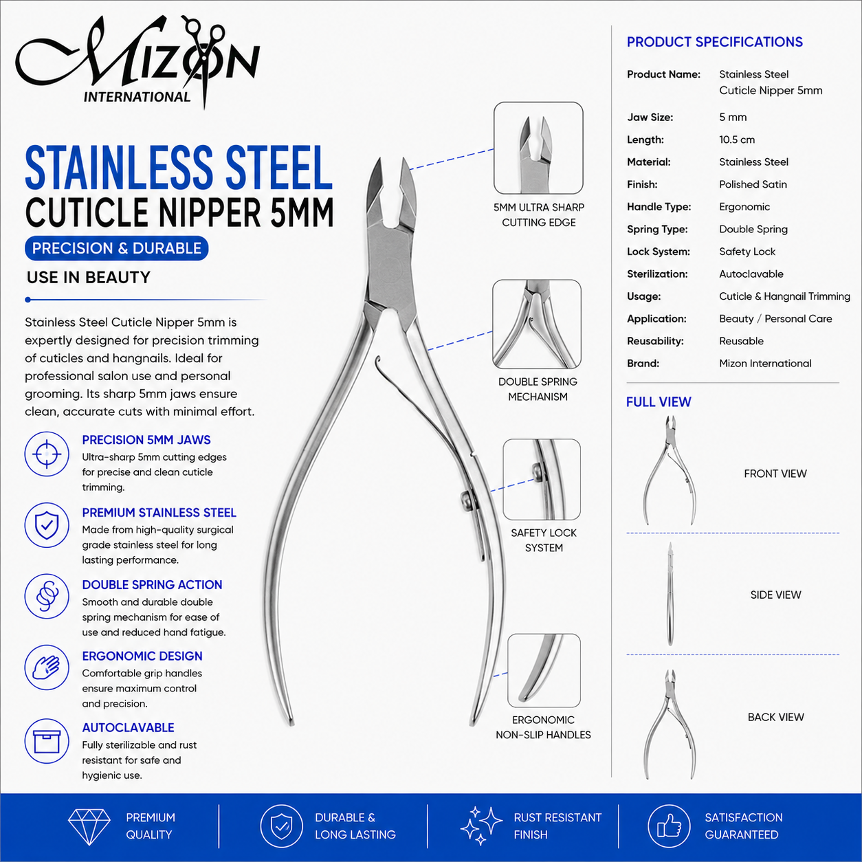 Stainless Steel Cuticle Nipper 5mm – Professional Nail & Cuticle Trimming Tool | Double Spring | Surgical Grade Stainless Steel