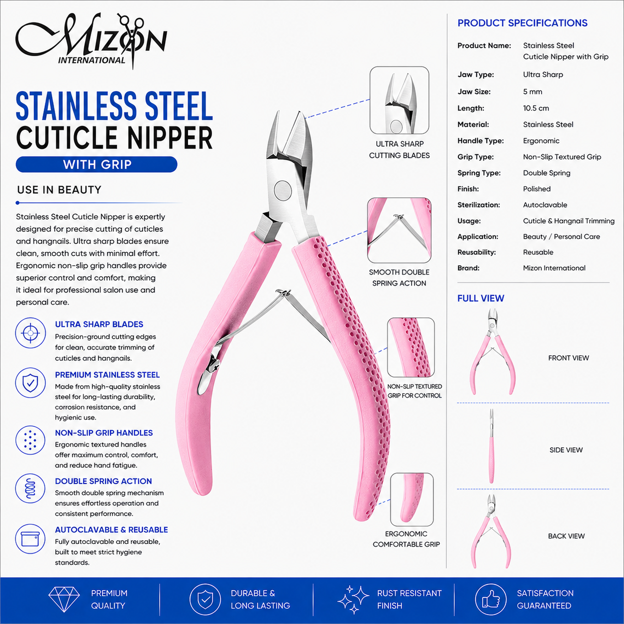 Professional Stainless Steel Cuticle Nipper with Non-Slip Grip – 5mm Ultra Sharp Double Spring Nail Cutter