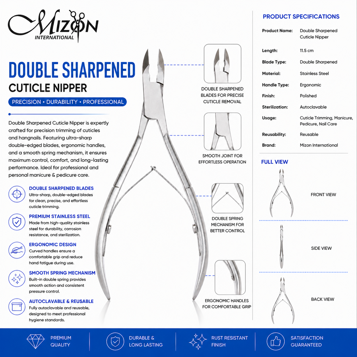 Professional Double Sharpened Cuticle Nipper – Stainless Steel Precision Cuticle Cutter | Double Spring | Autoclavable