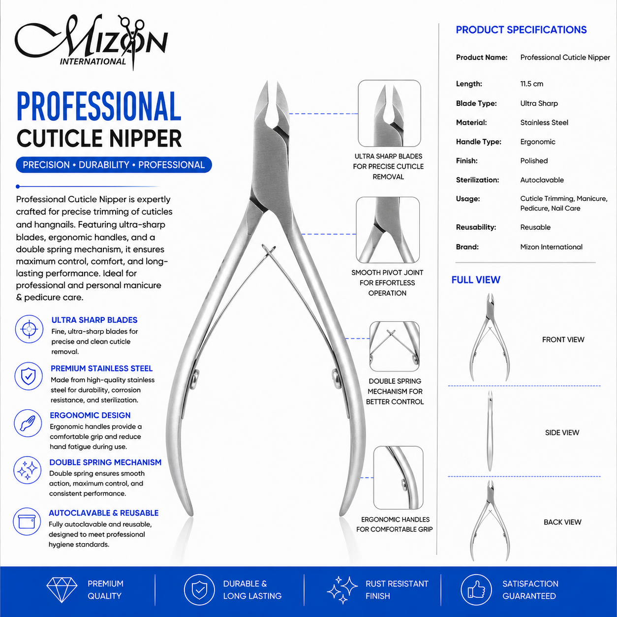 Professional Stainless Steel Cuticle Nipper – Ultra Sharp Precision Nail Cutter | Double Spring | Autoclavable