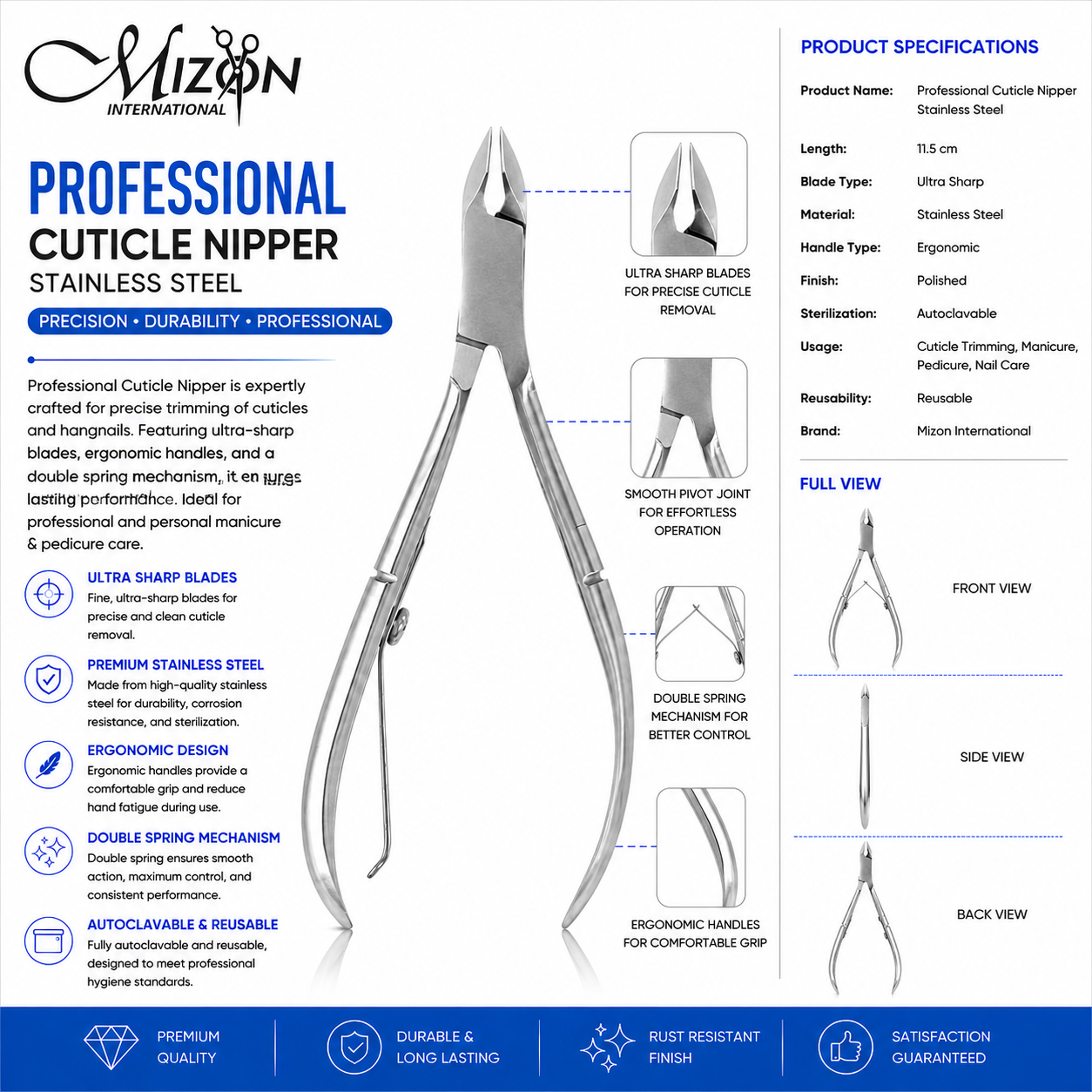 Professional Stainless Steel Cuticle Nipper – Ultra Sharp Precision Cuticle Cutter | Double Spring | Surgical Grade