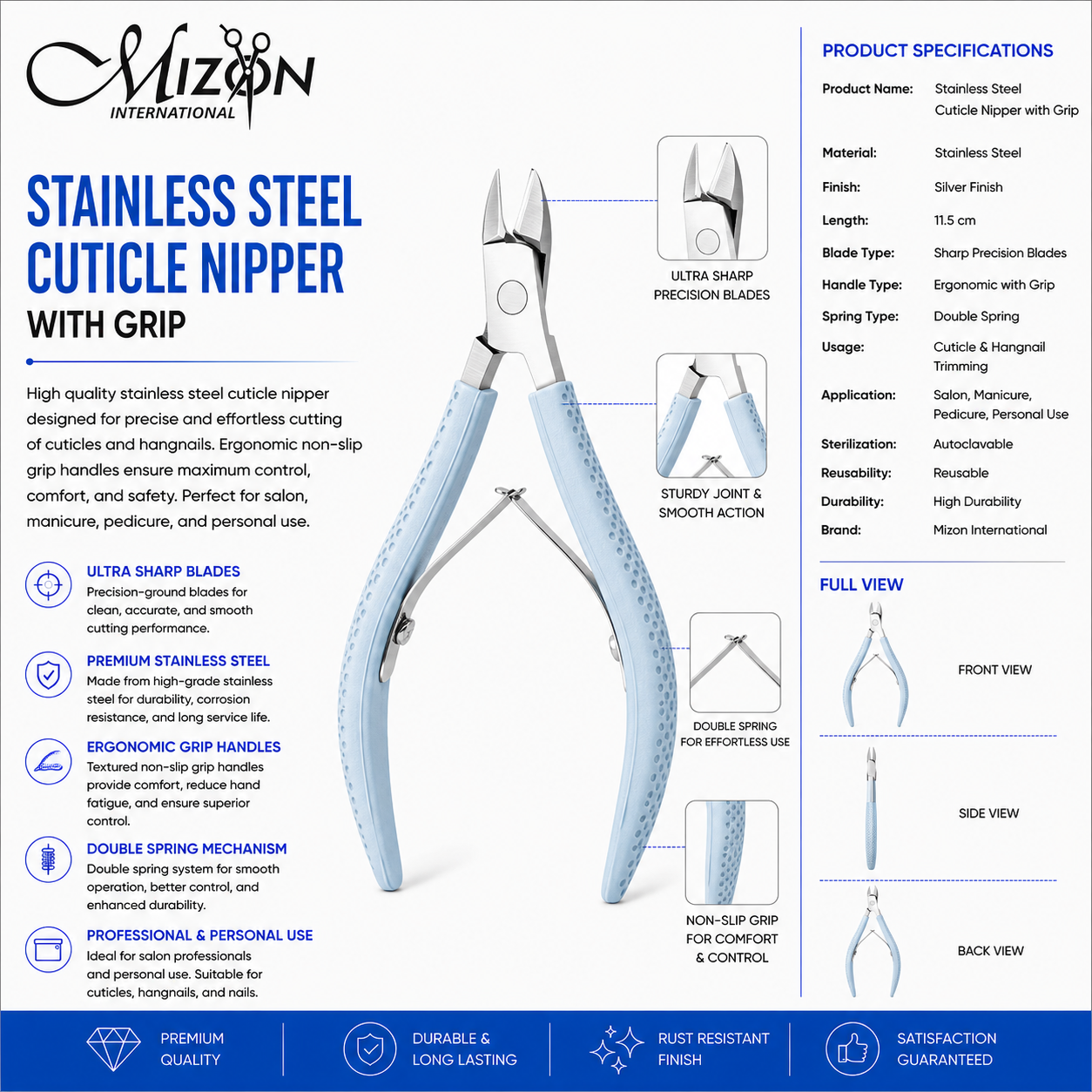 Professional Stainless Steel Cuticle Nipper with Non-Slip Grip – Ultra Sharp Precision Nail Trimmer | Double Spring | Autoclavable