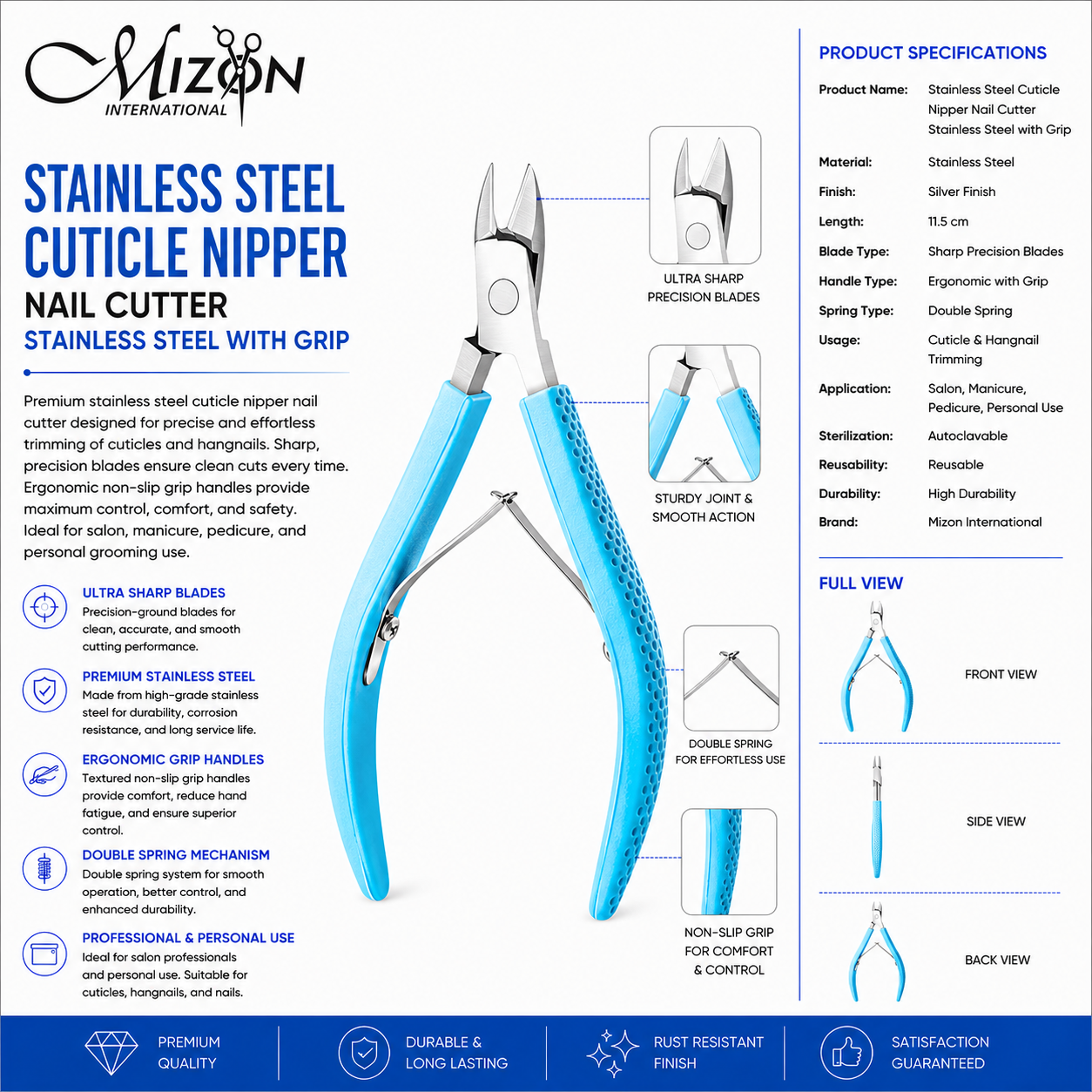 Professional Stainless Steel Cuticle Nipper Nail Cutter with Non-Slip Grip – Ultra Sharp Precision Blades | Double Spring | Autoclavable
