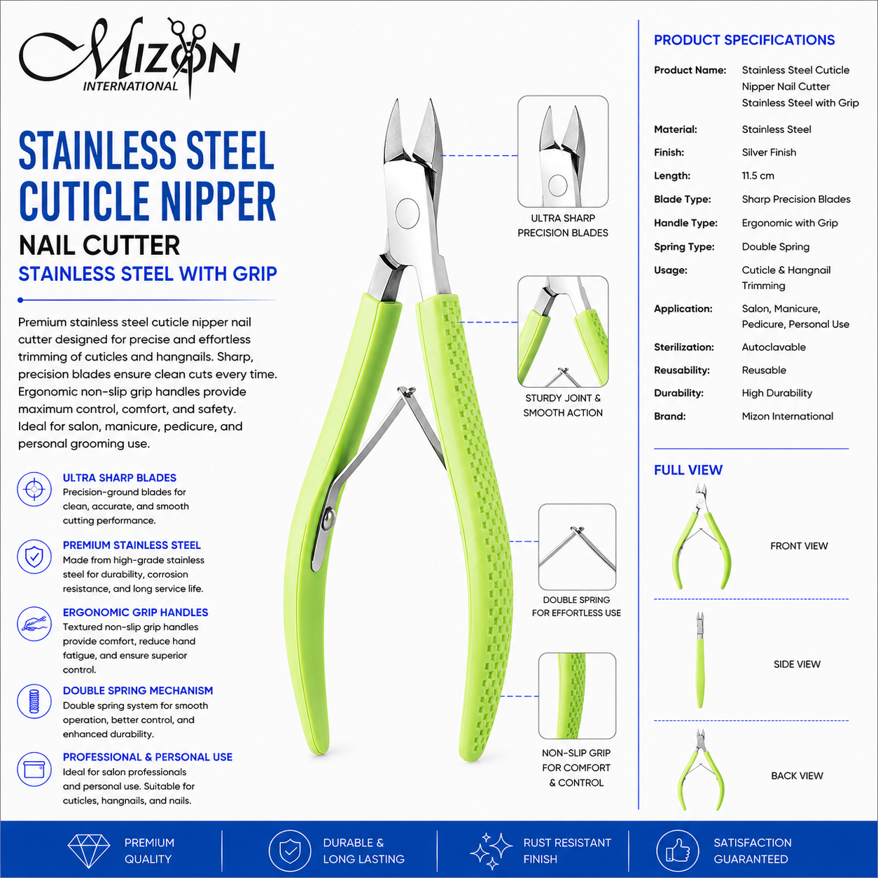 Professional Stainless Steel Cuticle Nipper Nail Cutter with Non-Slip Grip – Ultra Sharp Precision Blades | Double Spring | Lime Green Handle