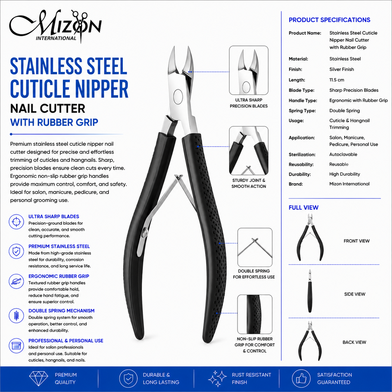 Professional Stainless Steel Cuticle Nipper Nail Cutter with Non-Slip Rubber Grip – Ultra Sharp Precision Blades | Double Spring | Autoclavable