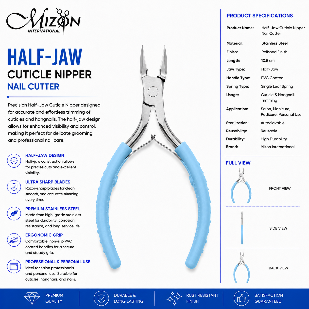 Professional Half-Jaw Stainless Steel Cuticle Nipper Nail Cutter – Ultra Sharp Precision Blades | PVC Grip | Autoclavable