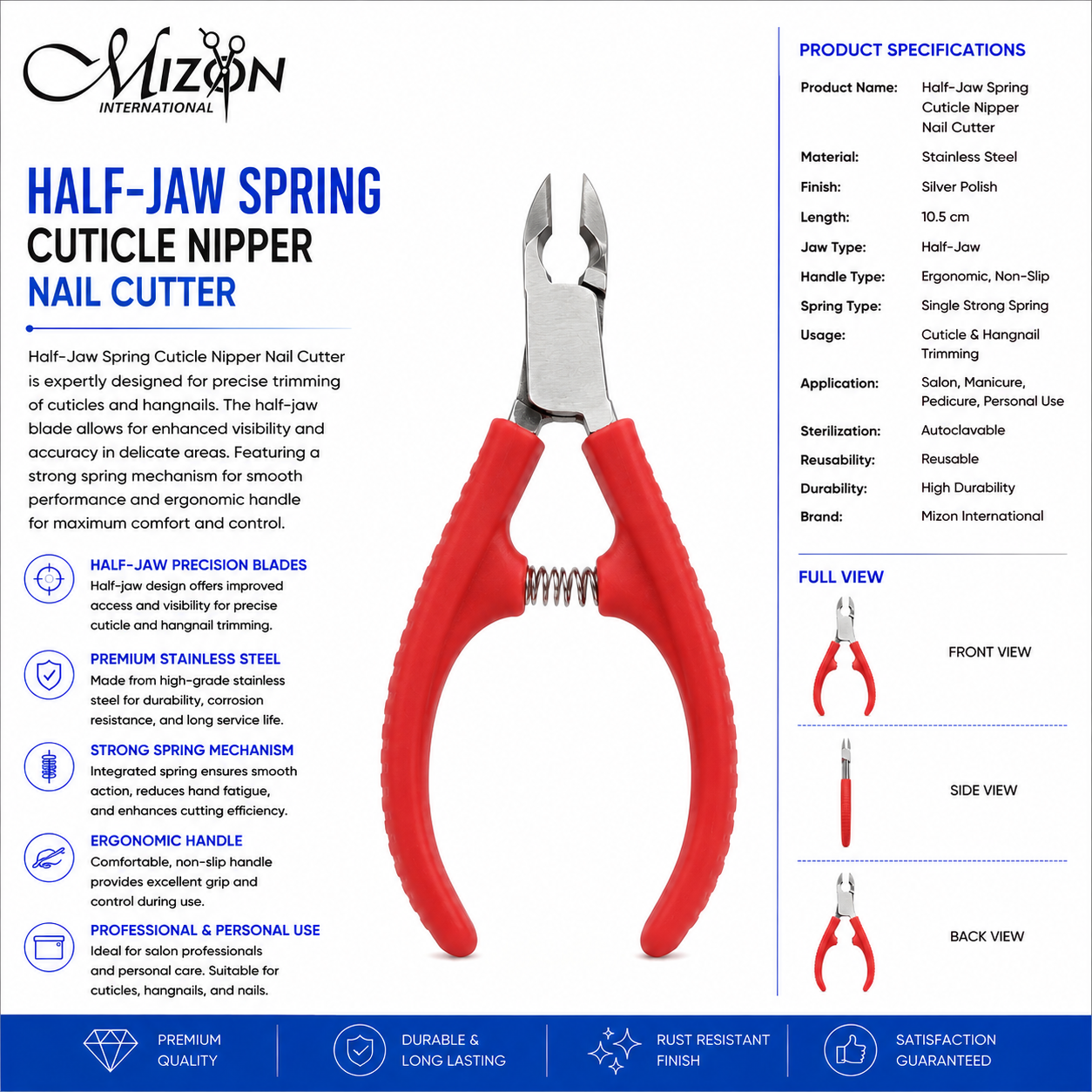 Professional Half-Jaw Spring Stainless Steel Cuticle Nipper Nail Cutter – Sharp Precision Blades | Strong Spring | Ergonomic Non-Slip Handle