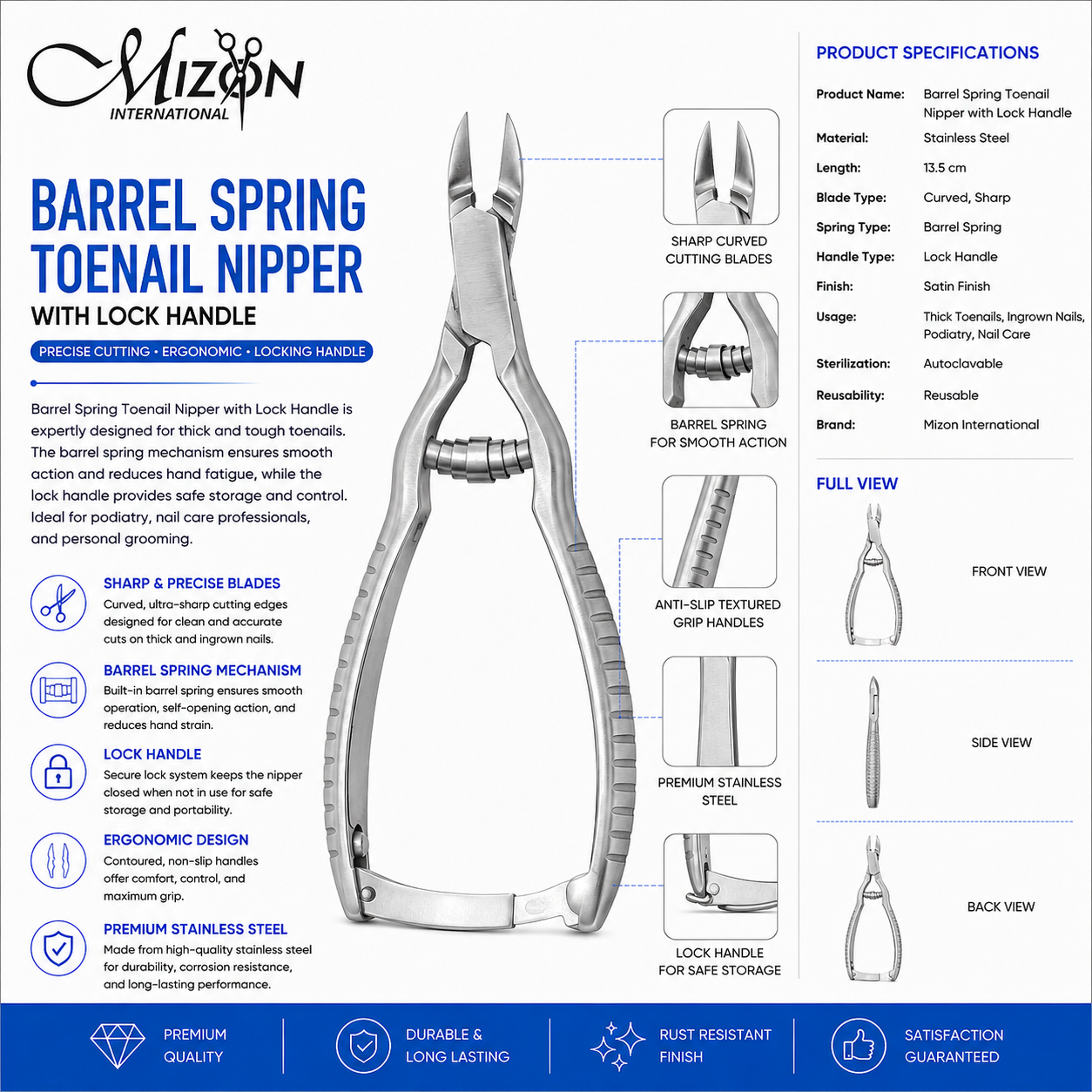 Professional Barrel Spring Toenail Nipper with Lock Handle – Stainless Steel Curved Nail Cutter | Podiatry Toenail Clipper | Autoclavable