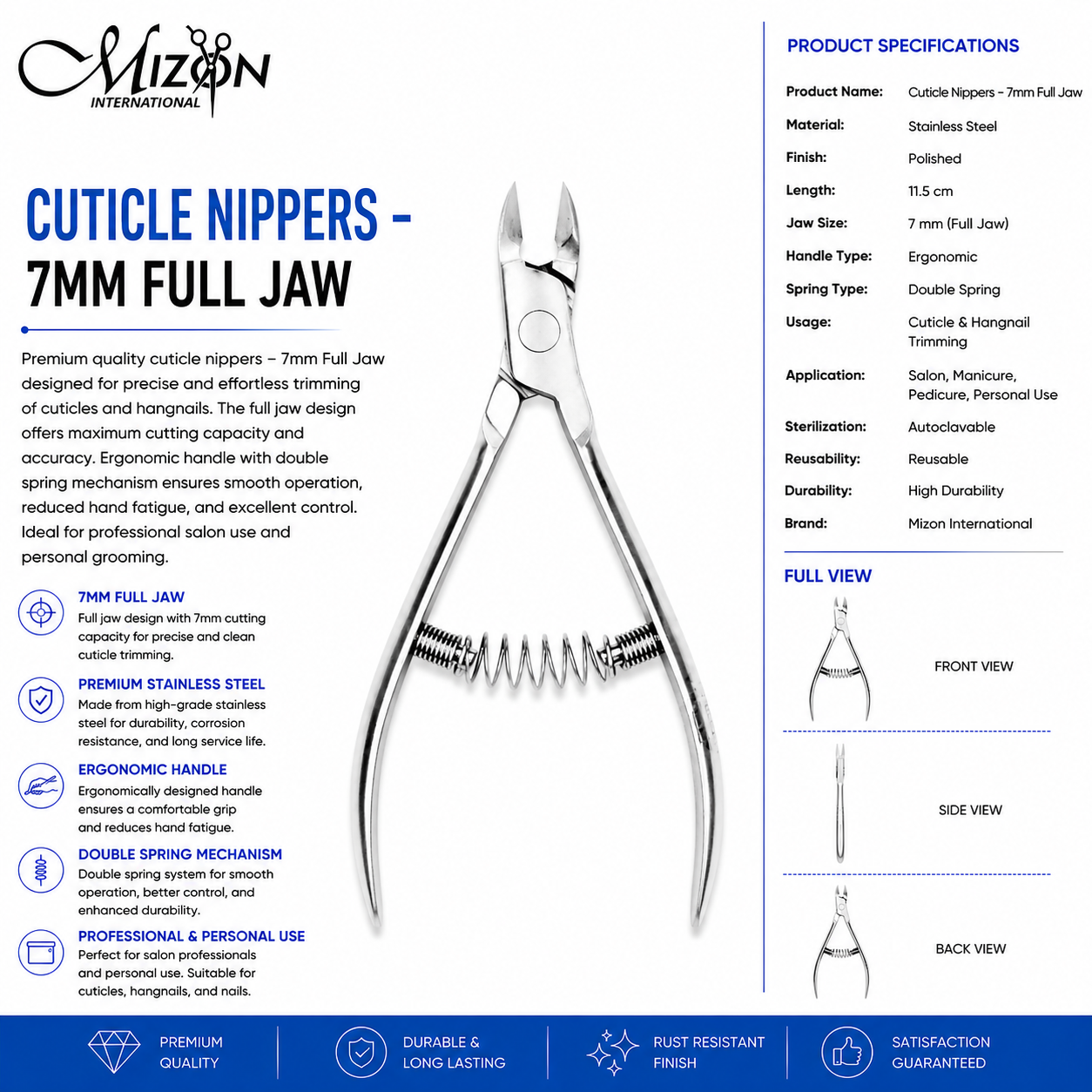 Professional Stainless Steel Cuticle Nipper 7mm Full Jaw – Ultra Sharp Precision Cuticle Cutter | Double Spring | Autoclavable