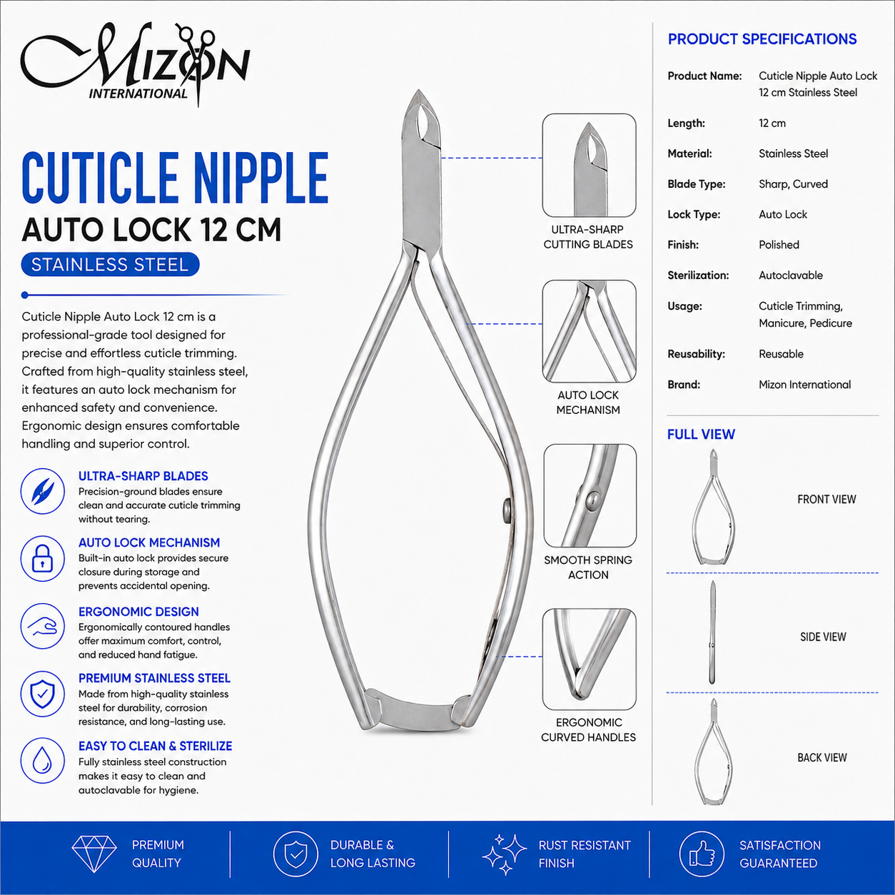 Professional Stainless Steel Cuticle Nipper Auto Lock 12cm – Ultra Sharp Curved Blades | Ergonomic Handle | Autoclavable