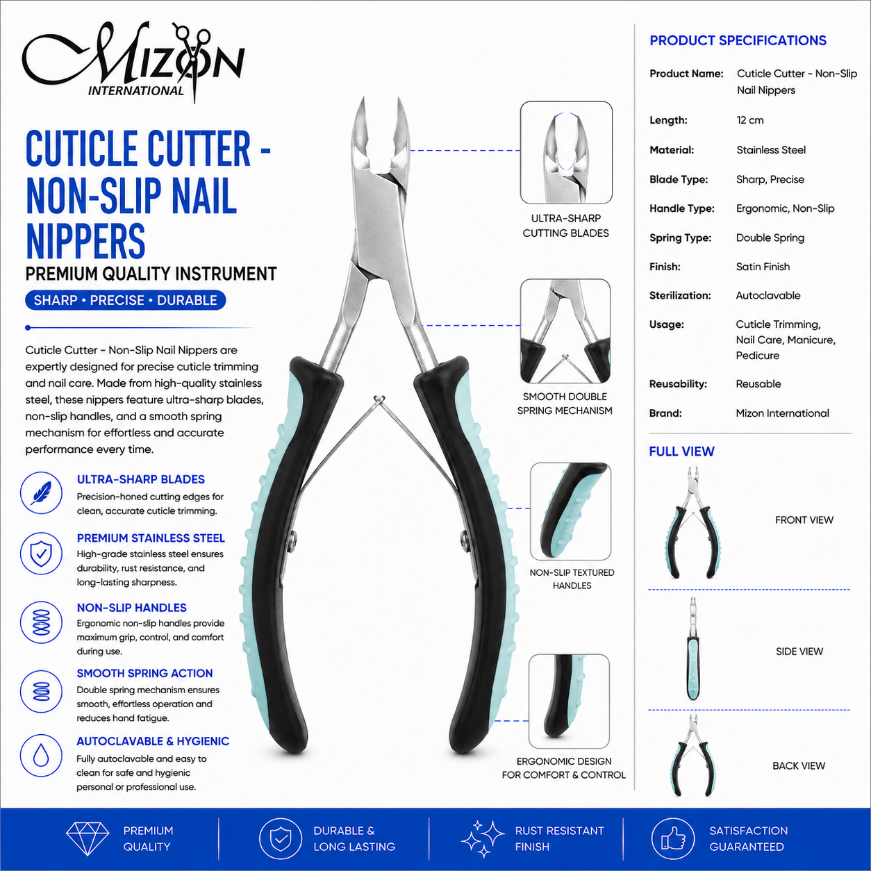 Professional Stainless Steel Cuticle Cutter Non-Slip Nail Nippers 12cm – Double Spring | Ultra Sharp Blades | Ergonomic Grip