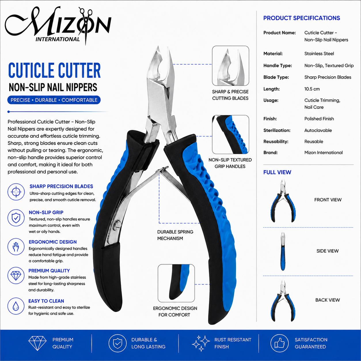 Professional Stainless Steel Cuticle Cutter Non-Slip Nail Nippers 10.5cm – Sharp Precision Blades | Ergonomic Textured Grip