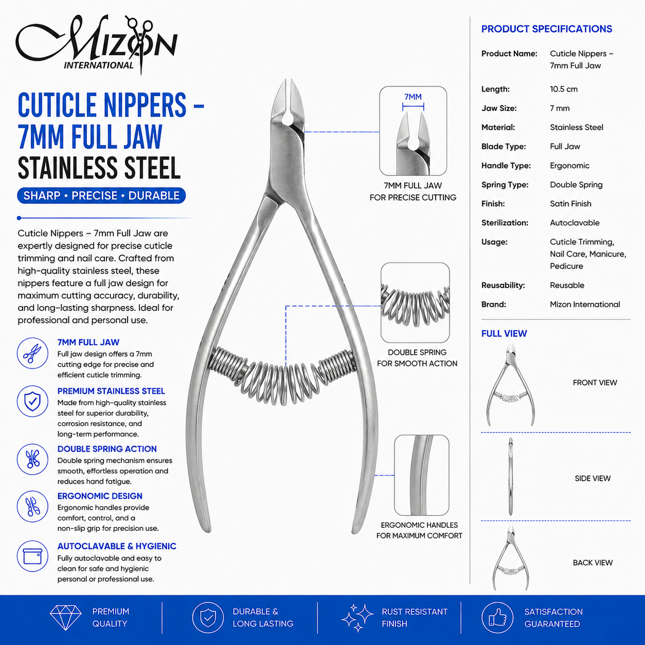 Professional Stainless Steel Cuticle Nippers 7mm Full Jaw 10.5cm – Double Spring | Precision Cuticle Cutter | Autoclavable