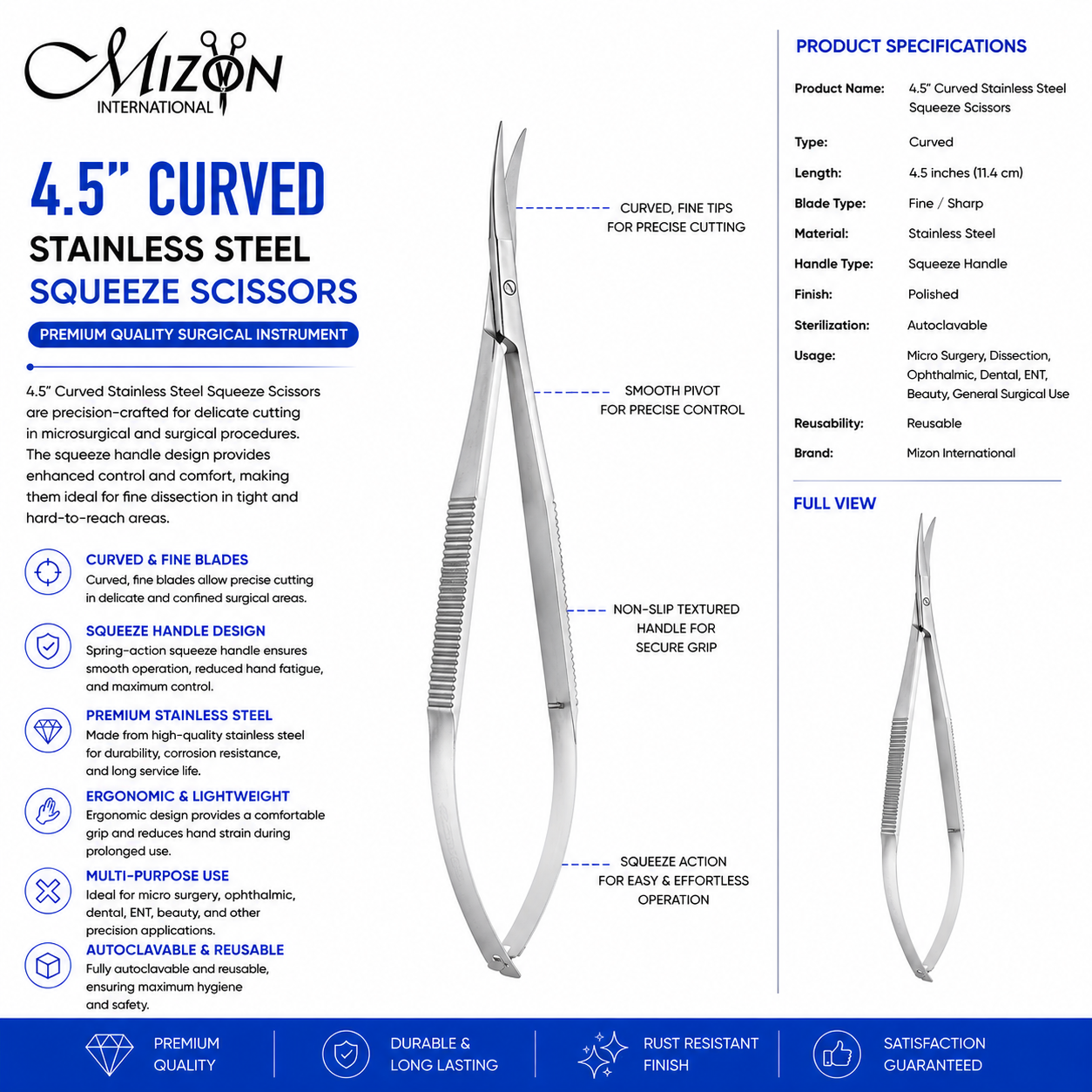 4.5" Curved Stainless Steel Squeeze Scissors – Micro Surgical Spring Handle Scissors