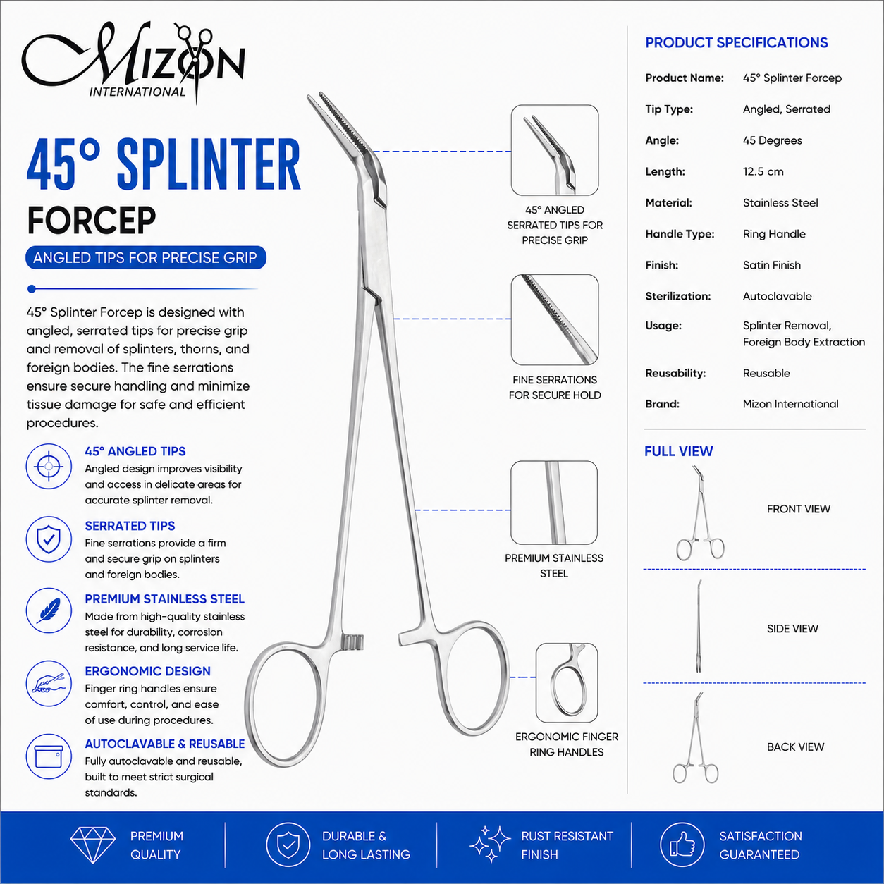 45° Splinter Forceps Stainless Steel | Angled Serrated Surgical Forceps | Mizon International USA