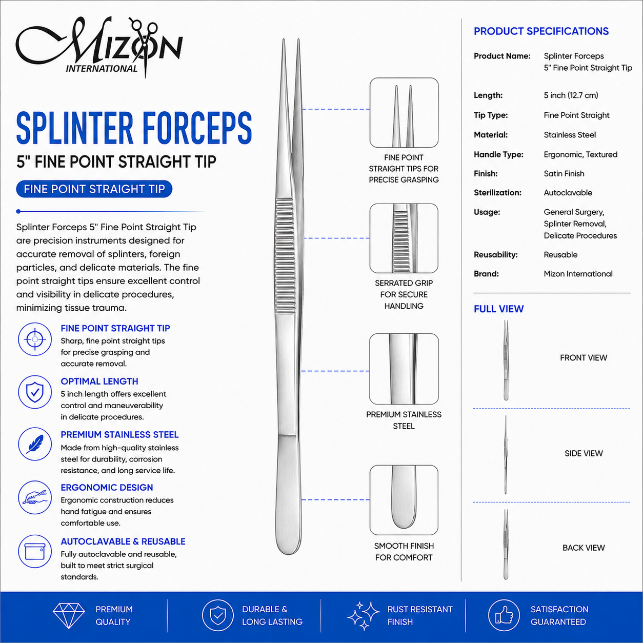 5" Fine Point Splinter Forceps | Straight Tip Stainless Steel Surgical Thumb Forceps | Mizon International USA