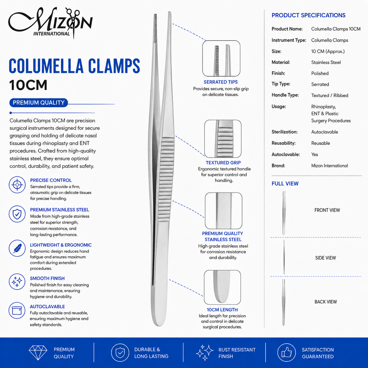 Columella Clamps 10cm Stainless Steel | Rhinoplasty & ENT Surgical Forceps | Mizon International
