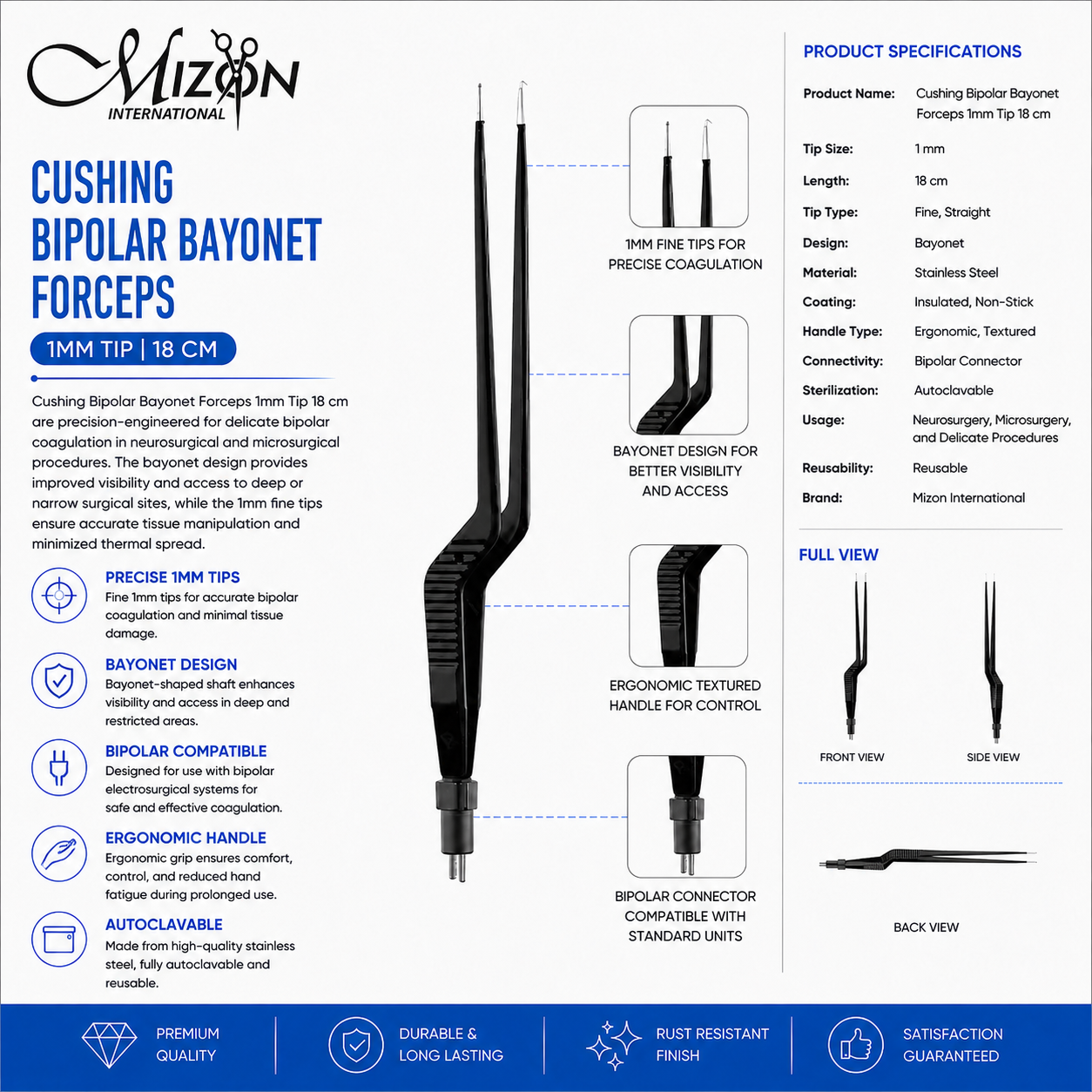 Cushing Bipolar Bayonet Forceps 18 cm 1 mm Tip | Non-Stick Electrosurgical Forceps | Mizon International USA